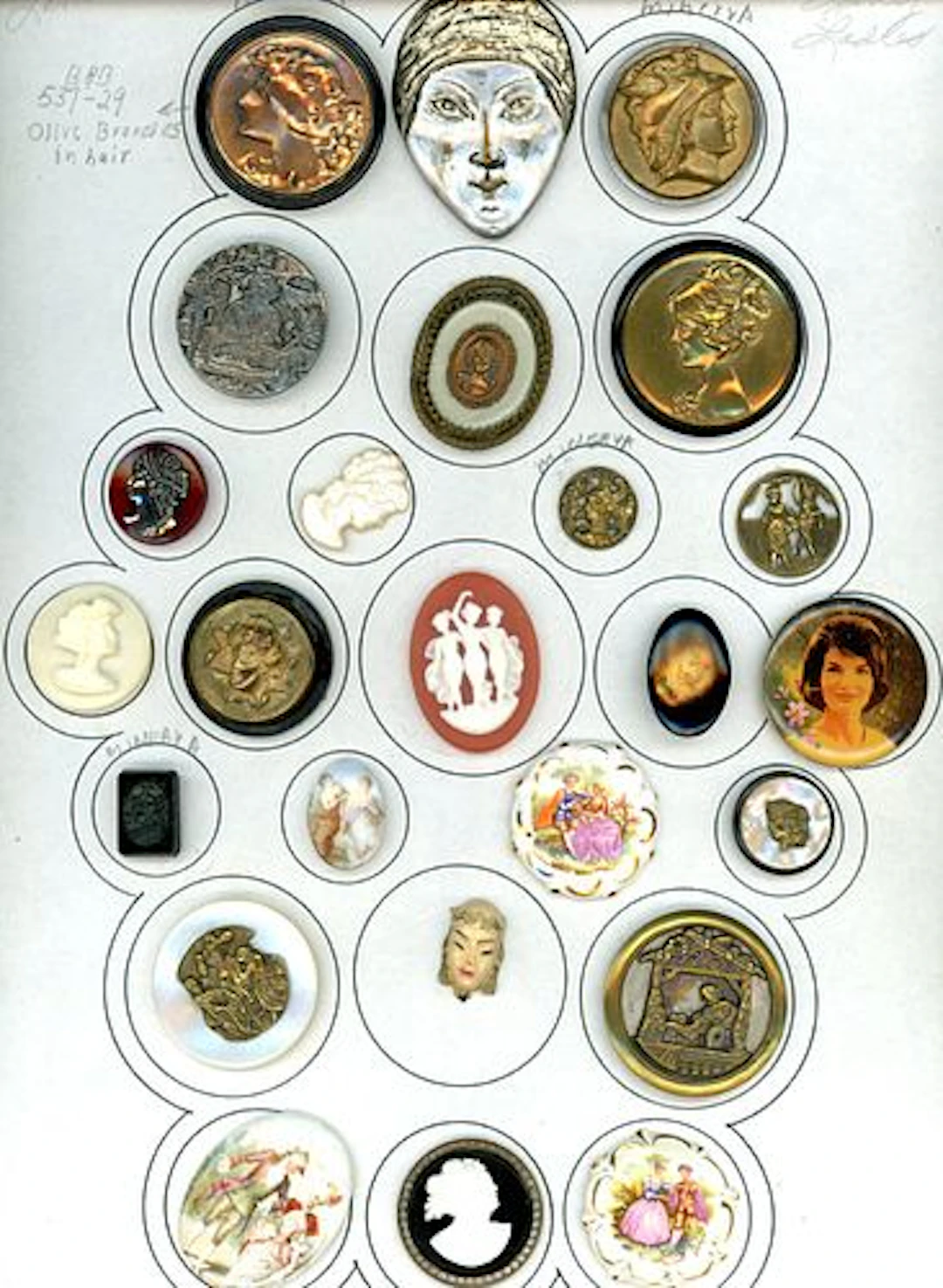 A CARD OF DIVISION 1 & 3 ASSORTED FEMALE HEAD BUTTONS