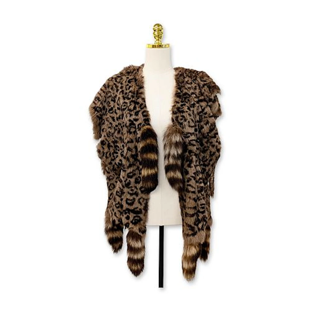 The Fur Vault Boho Style Leopard Pattern Fur Vest with Raccoon Tail Trim