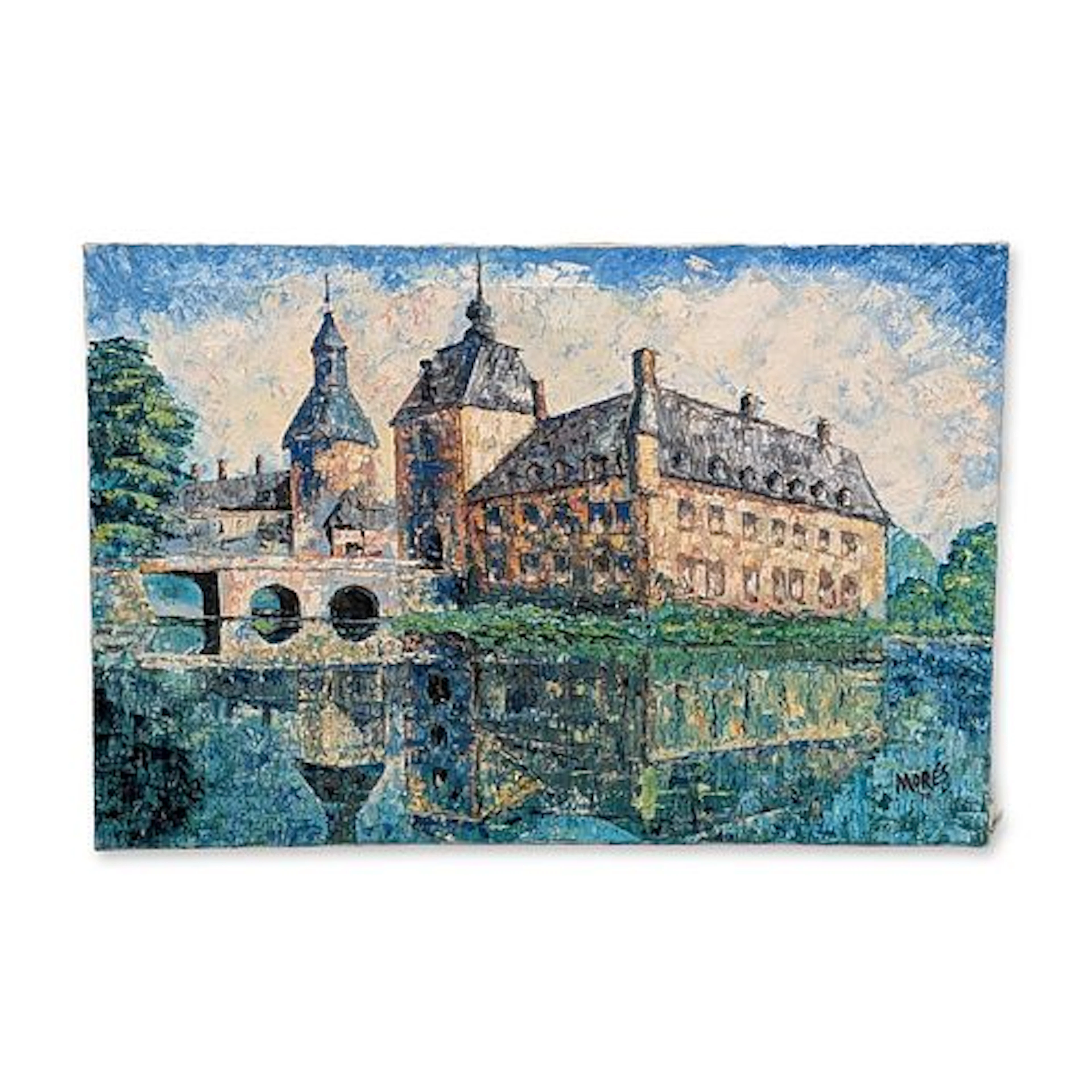 Impressionist Oil on Canvas Painting, European Castle Landscape, Signed Mores