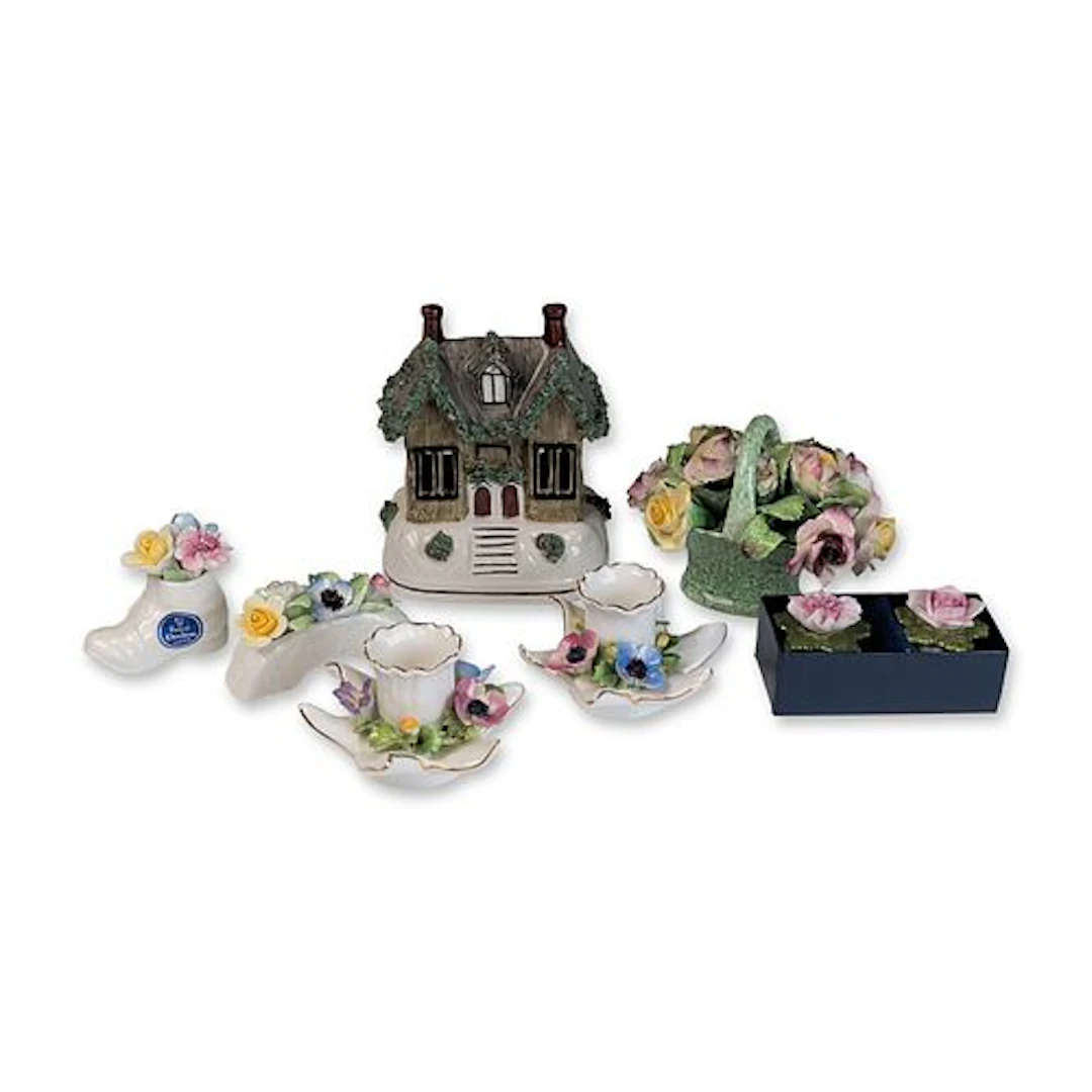 8pc English Bone China Floral Figurines and Staffordshire Ware Cottage