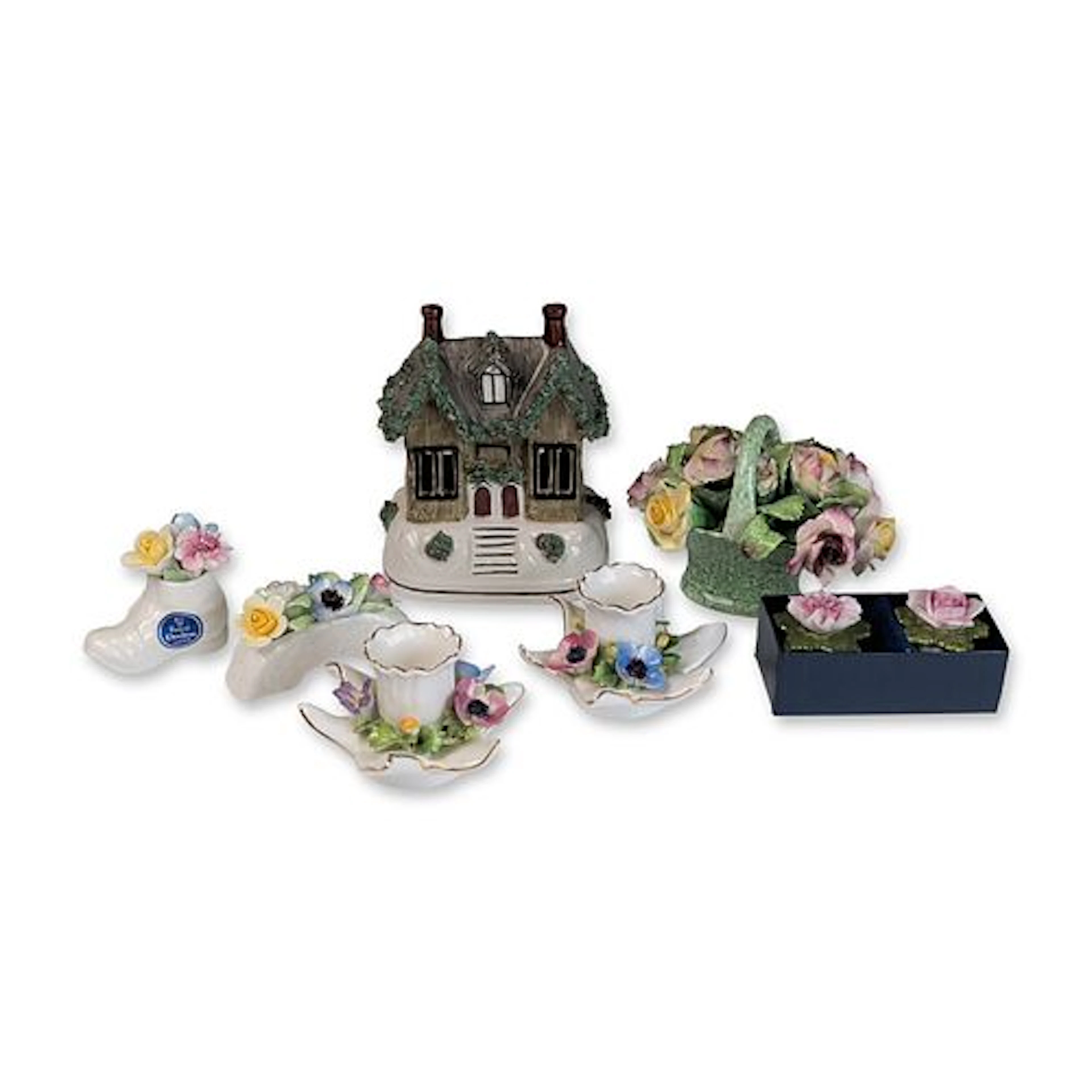 8pc English Bone China Floral Figurines and Staffordshire Ware Cottage