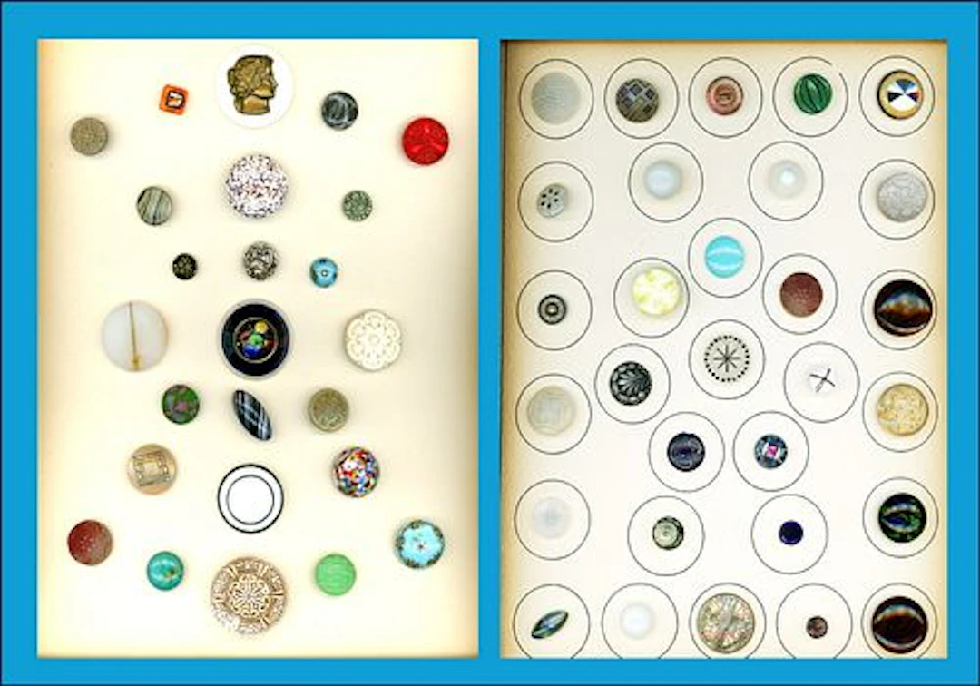 2 CARDS OF DIVISION ONE ASSORTED GLASS BUTTONS