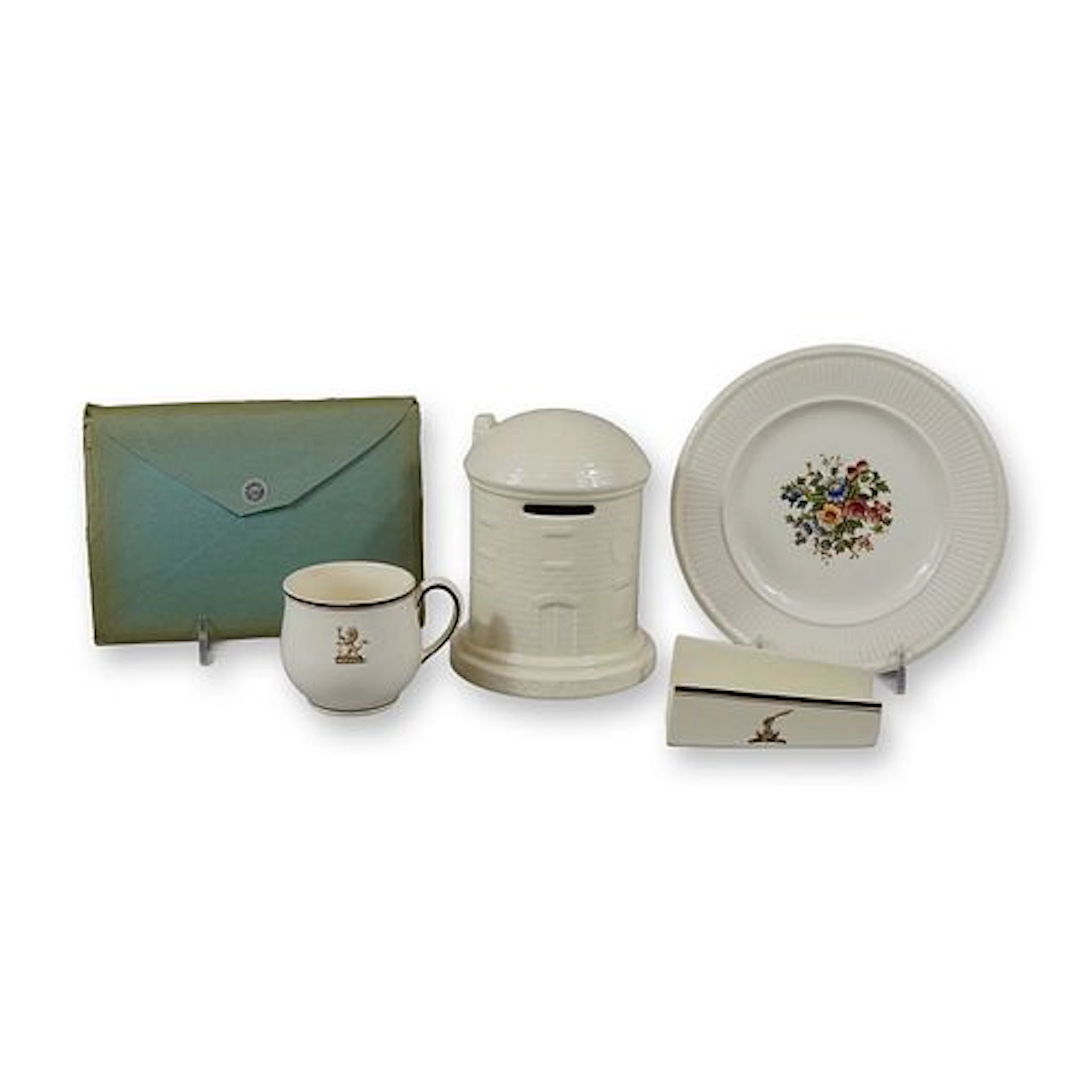 5pc Wedgwood Set Including Round House Money Bank, Asparagus Holder