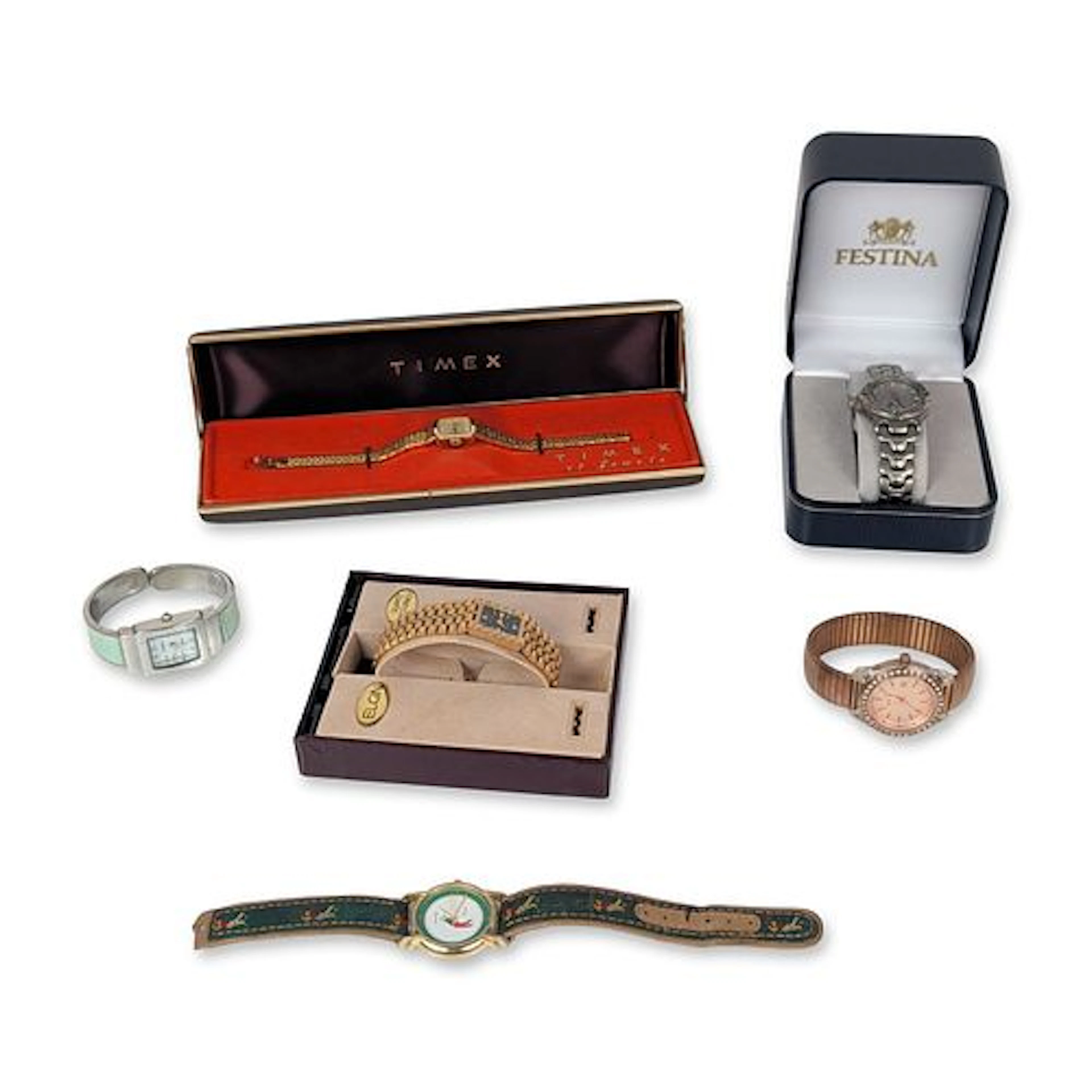 6pc Grouping of Timex, Elgin, and Festina Wristwatches
