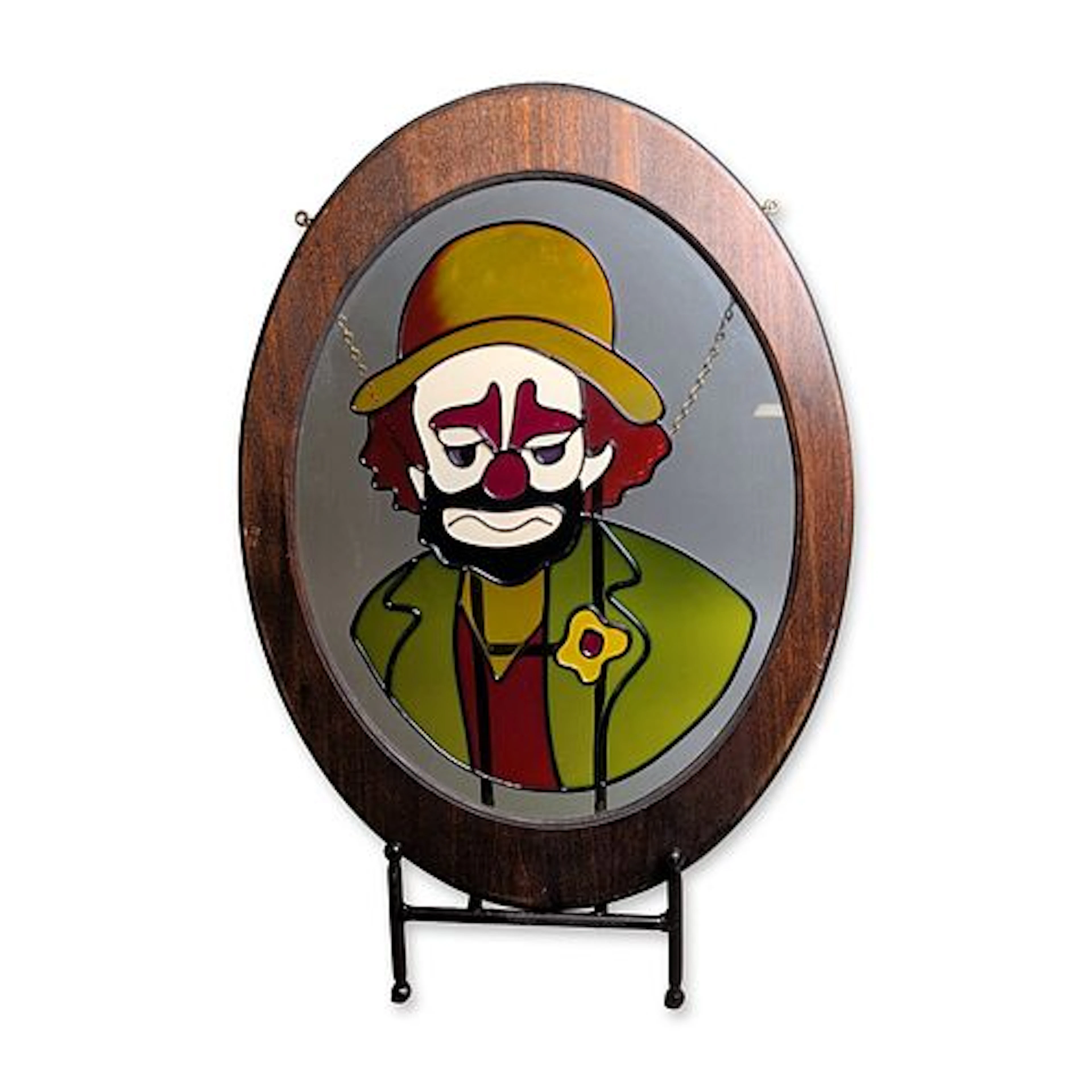 Oval Wood Framed Painted Glass Clown Suncatcher