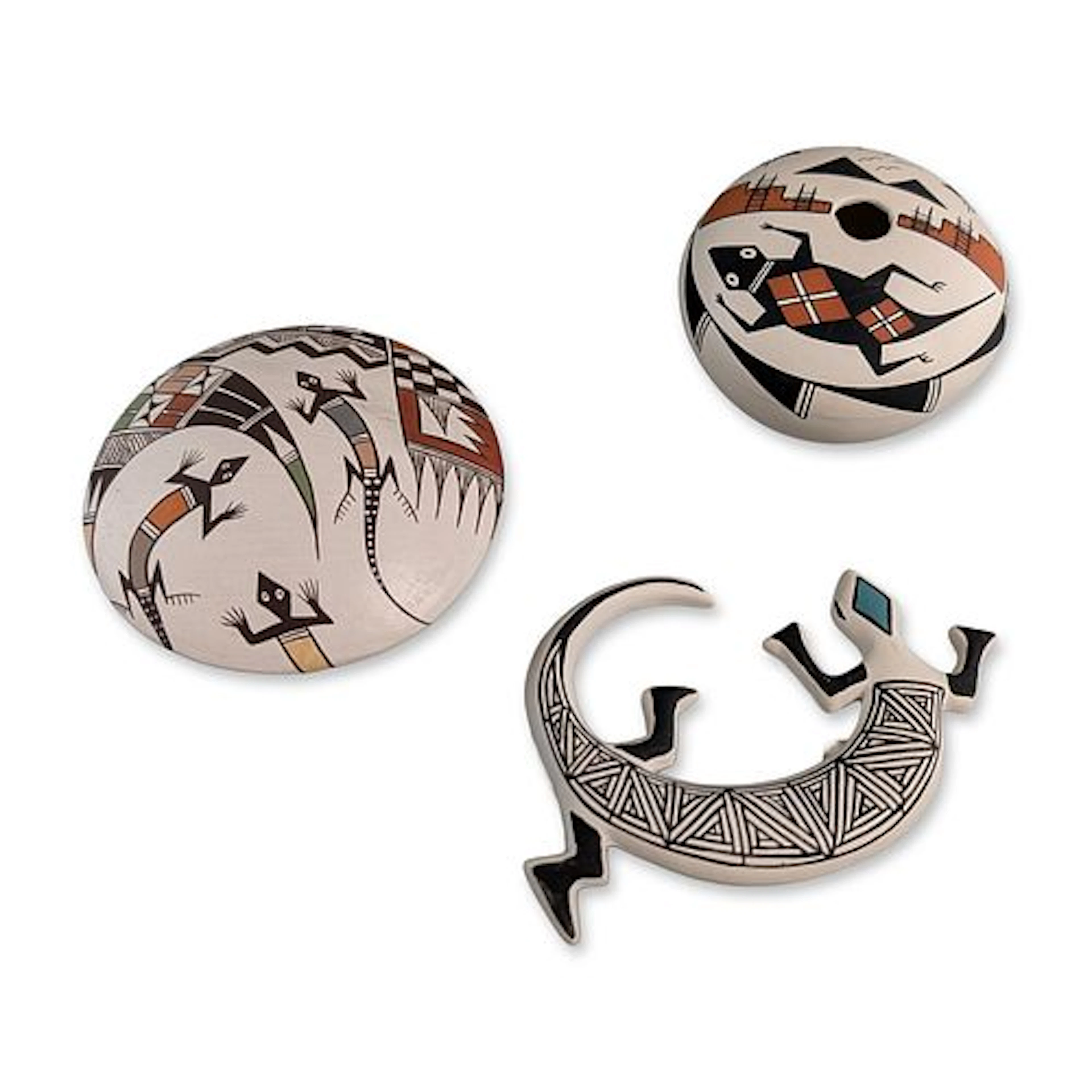 3pc Acoma Pueblo Seed Pots & Lizard by Carolyn Concho, Alma F. Lewis