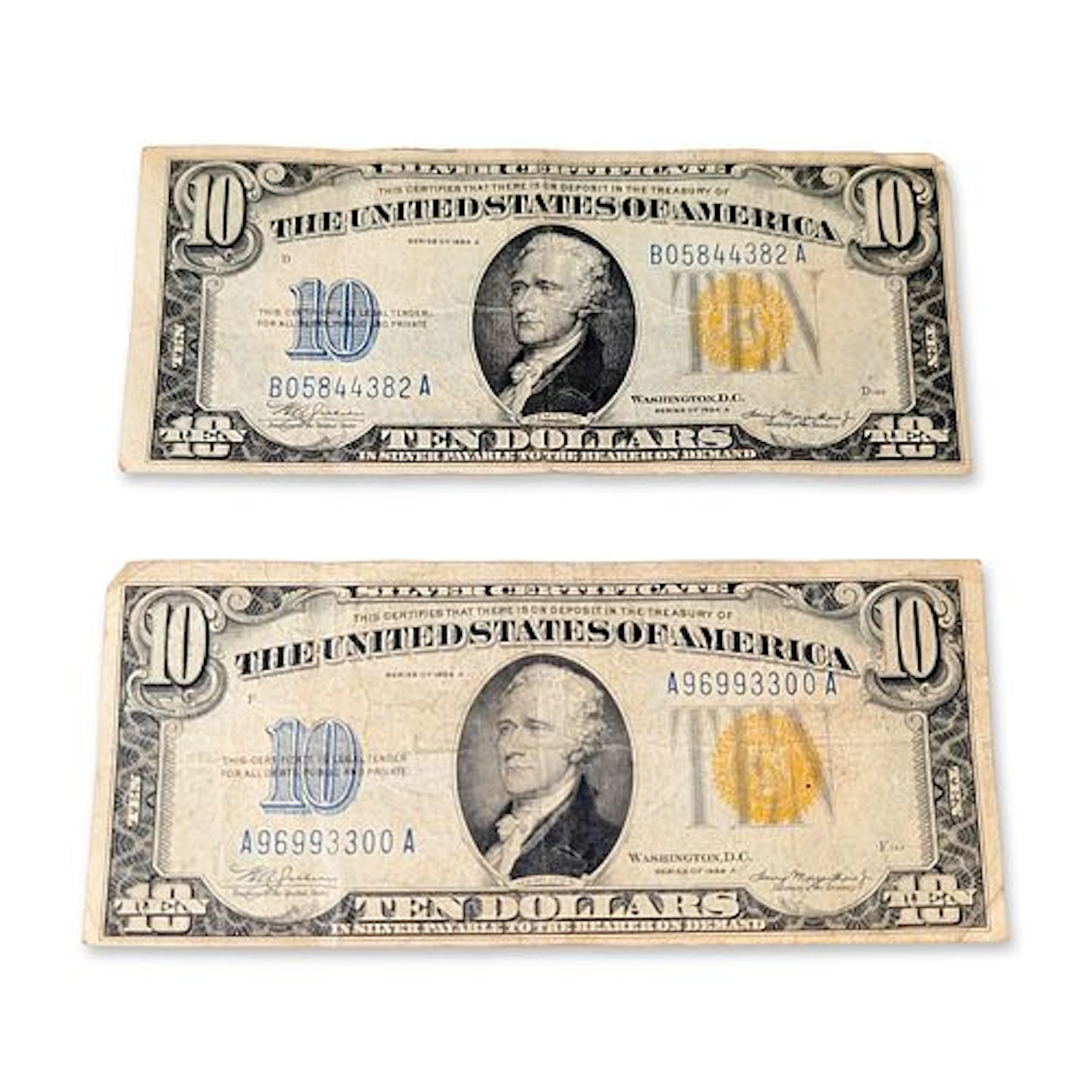 2pc 1934 A US Ten-Dollar Silver Certificates Yellow Seal