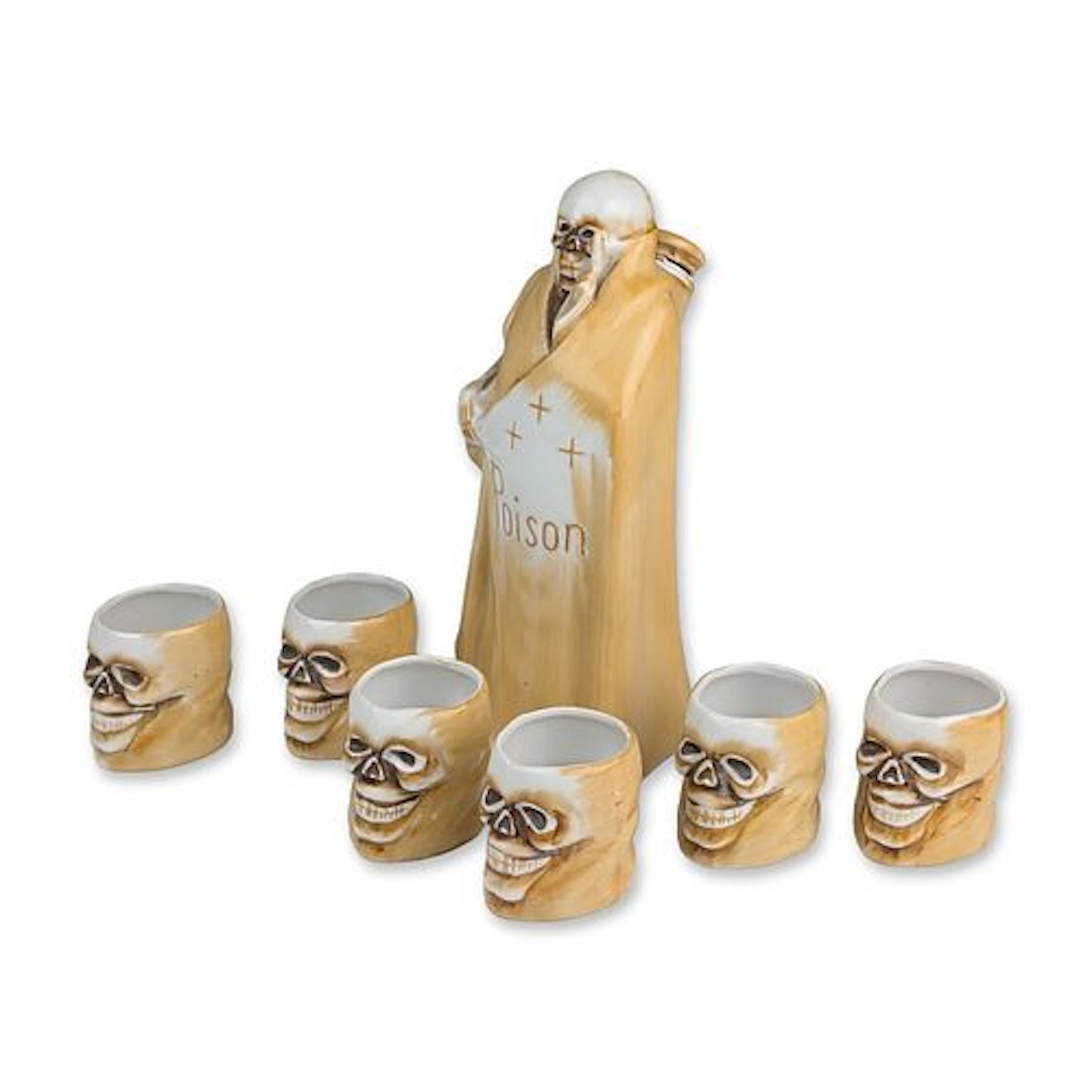 7pc Japanese Ceramic Skeleton Poison Decanter and Skull Shot Cup Set