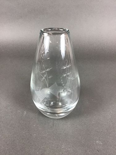 Kosta Boda by Vicke Lindstrand Etched Glass Teardrop Vase Fish and