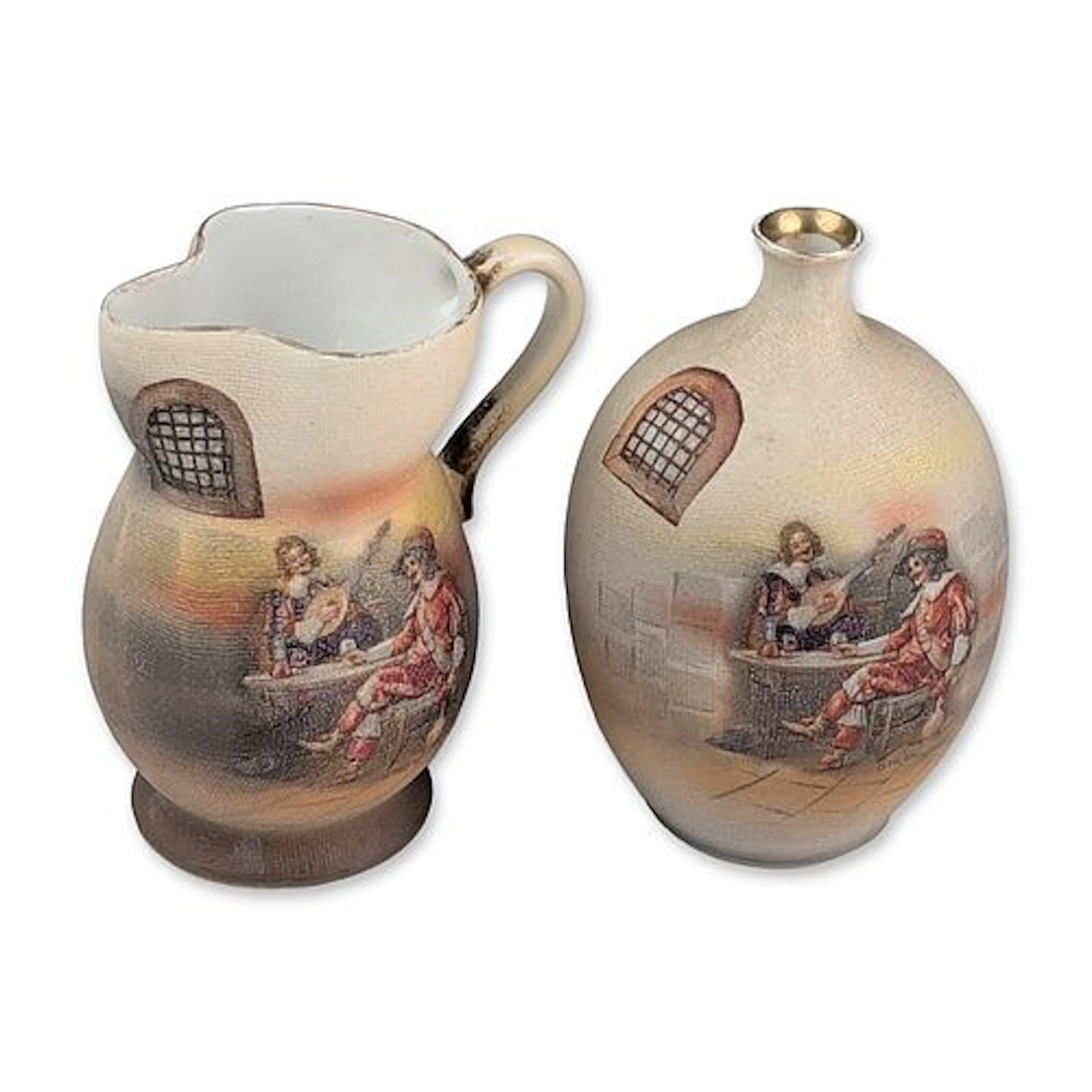 2pc Tapestry Finish Porcelain Tavern Scene Vessels