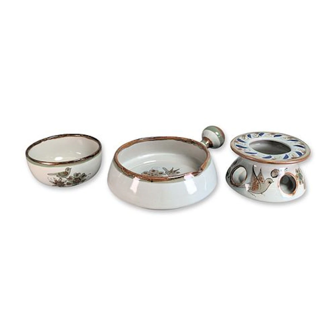 3pc Ken Edwards El Palomar Mexican Stoneware Food Warmer, Serving Dish & Bowl