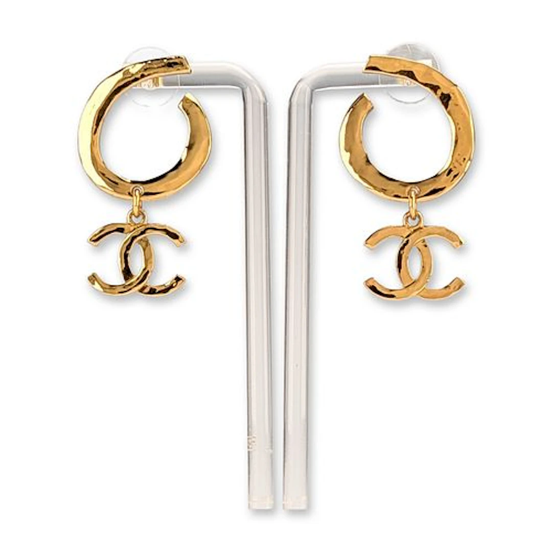 Chanel Gold-Tone Hammered CC Logo Hoop Drop Earrings