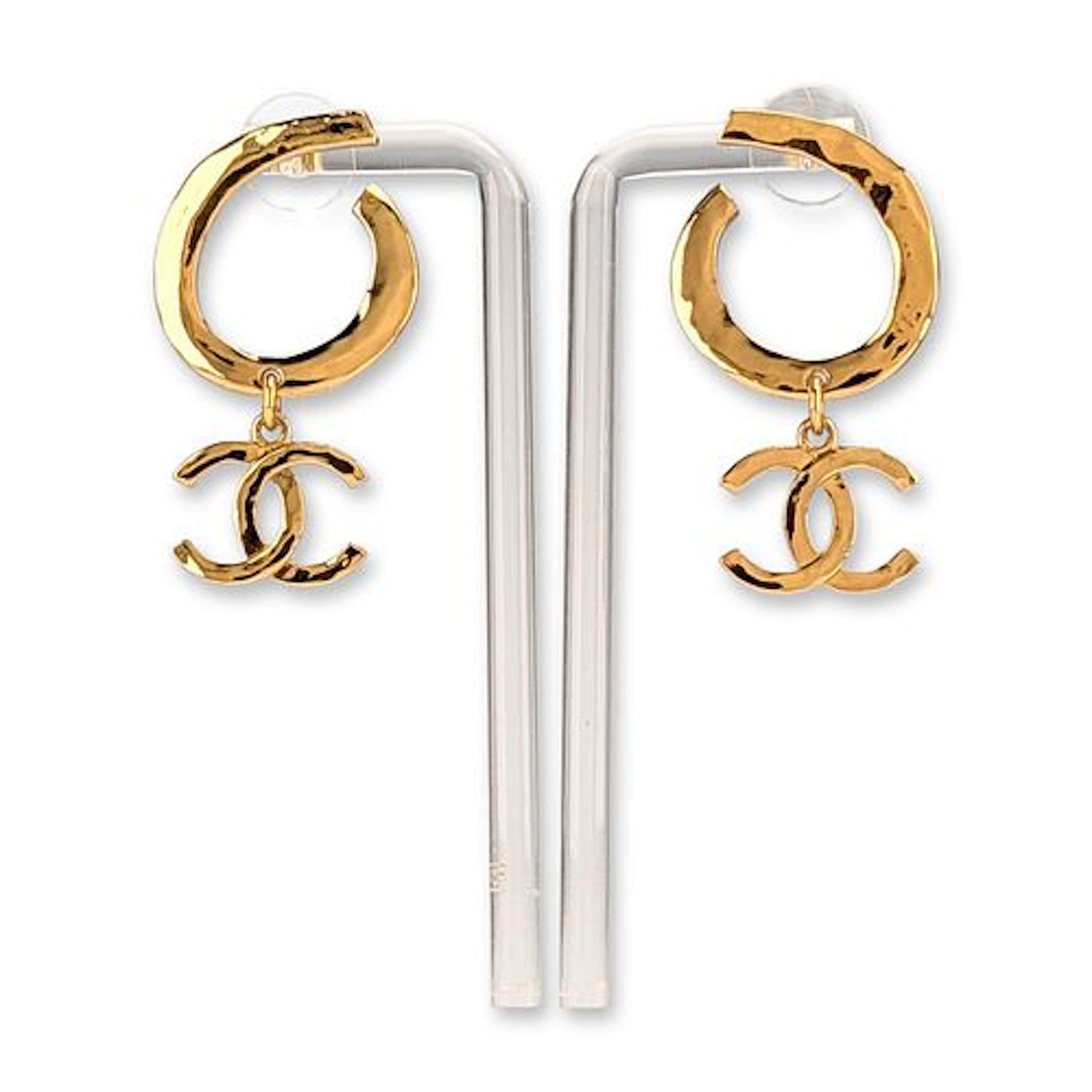 Chanel Gold-Tone Hammered CC Logo Hoop Drop Earrings