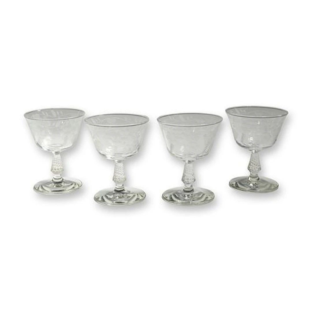 4pc Rock Sharpe Crystal Etched Floral Champagne Coupes