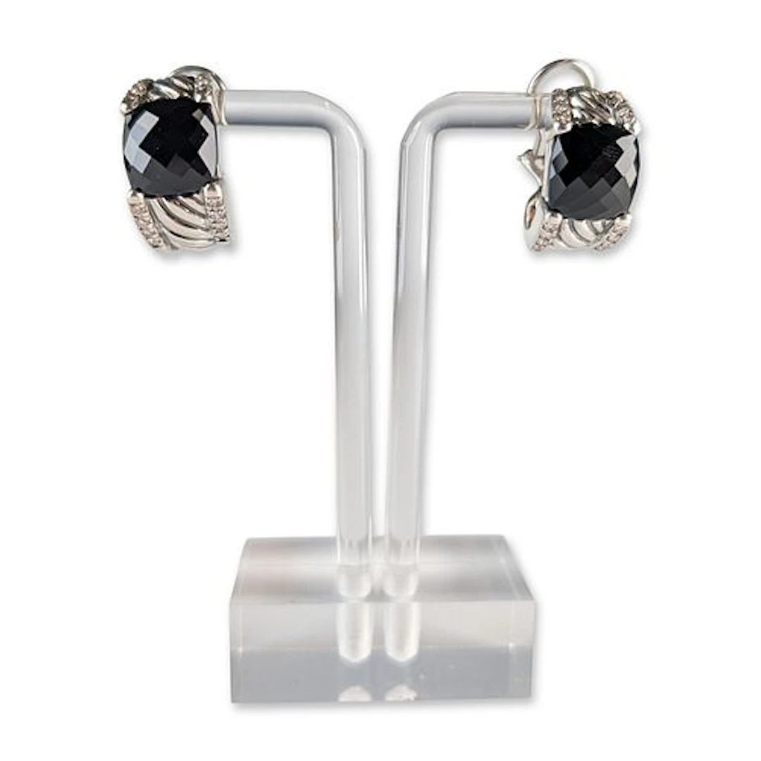 David Yurman Sterling Silver Black Onyx and Diamond Hoop Earrings
