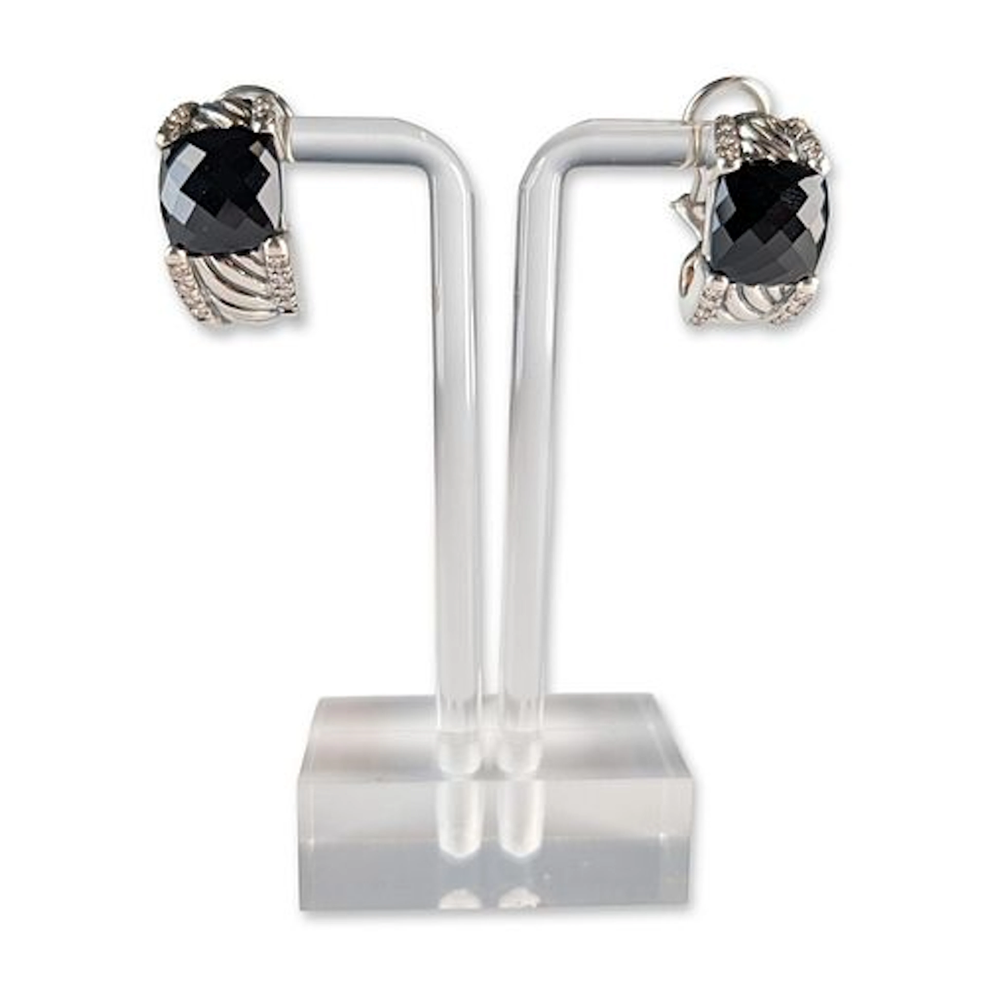 David Yurman Sterling Silver Black Onyx and Diamond Hoop Earrings