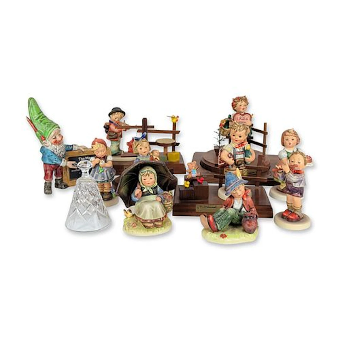 15pc Goebel M.J. Hummel Figurines with Musical Stands & Waterford Crystal Bell