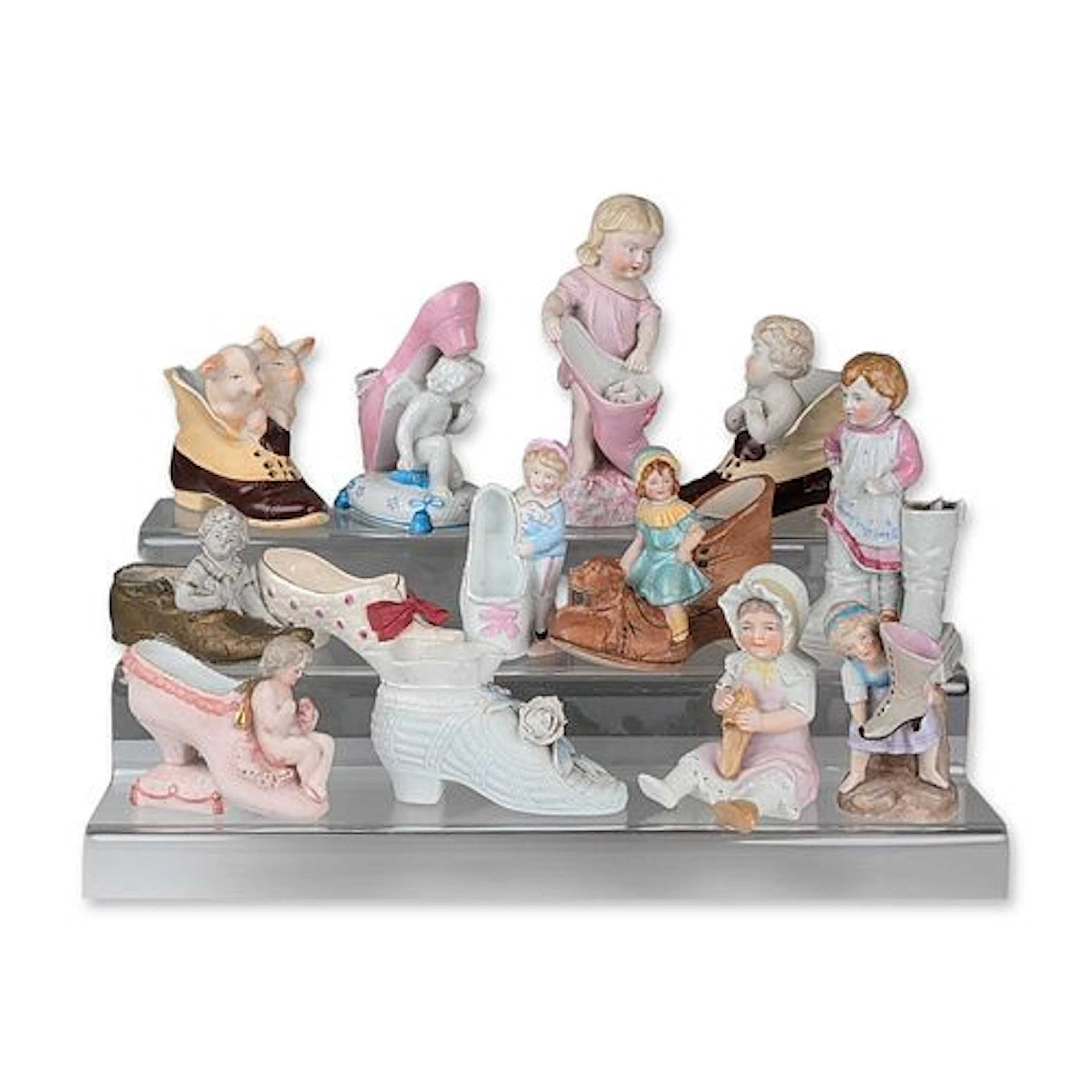 Collection of 14 German Bisque and Glazed Porcelain Shoe Figurines