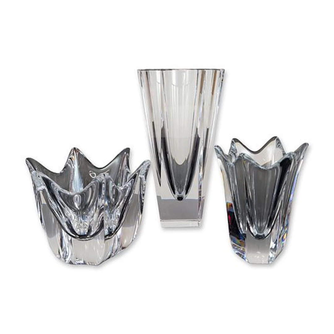 3pc Orrefors Sweden Heavy Cut Crystal Vases