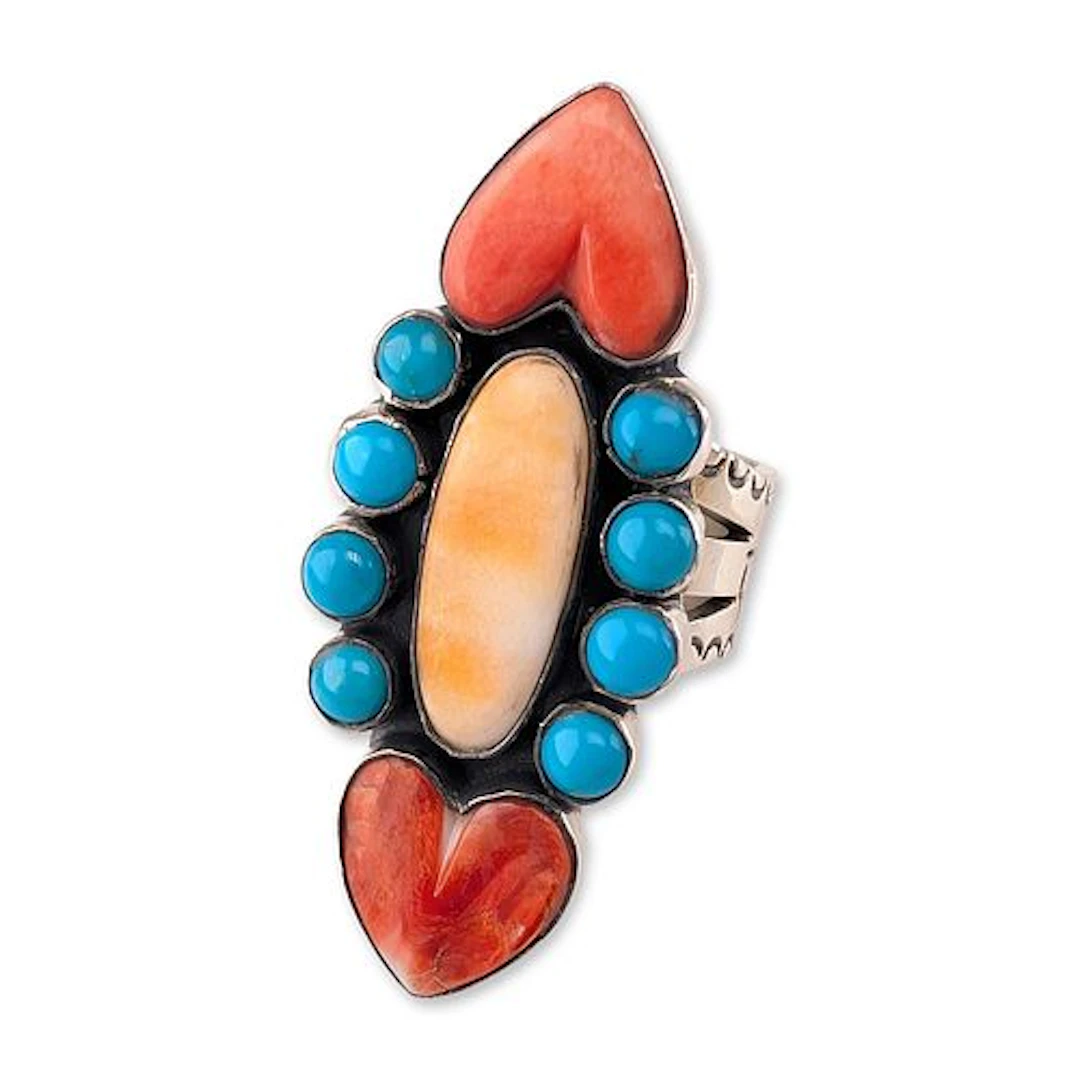 Southwestern Navajo Sterling Silver Spiny Oyster and Turquoise Cluster Ring