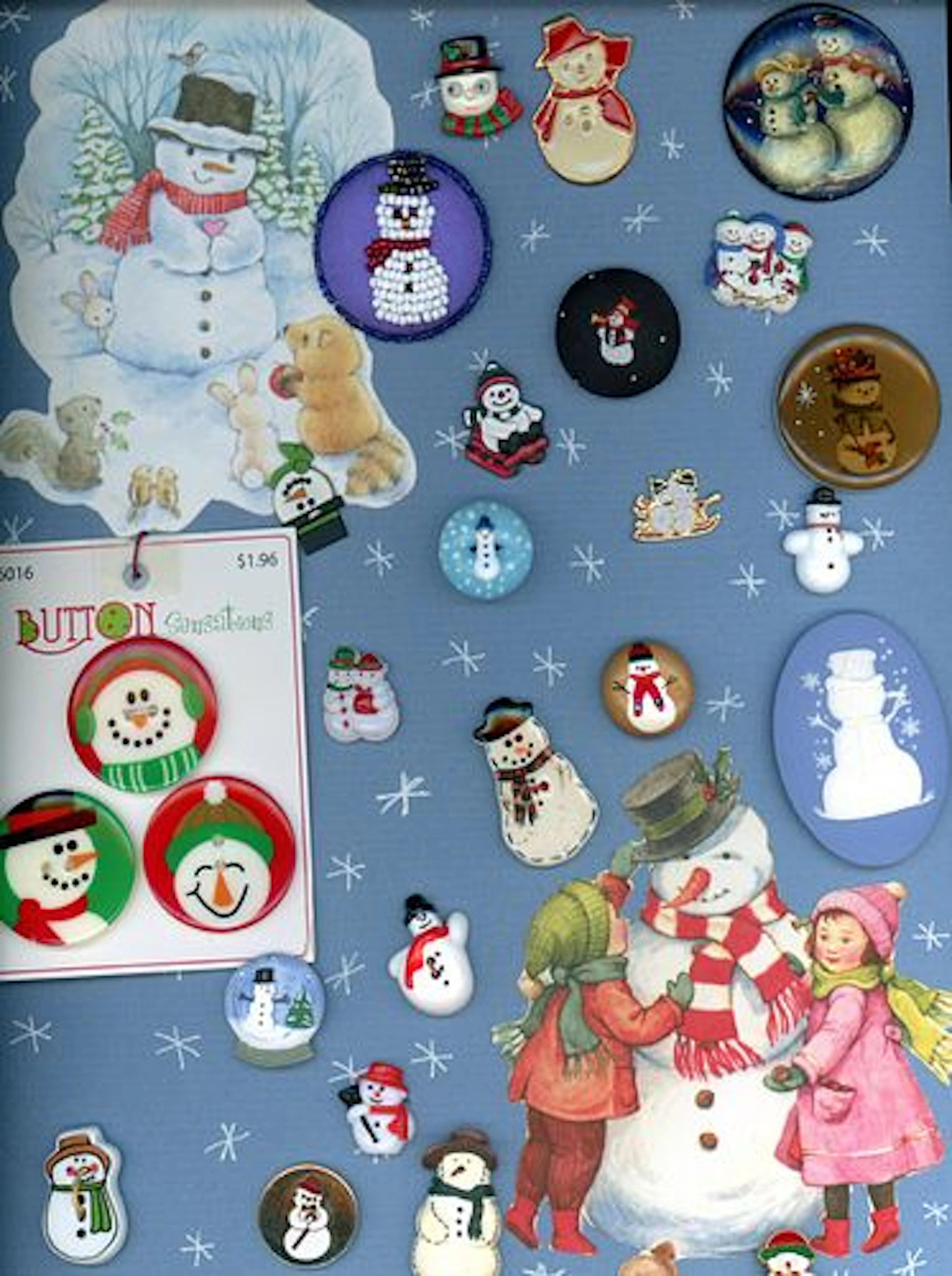 A CARD OF DIVISION THREE SNOWMEN BUTTONS