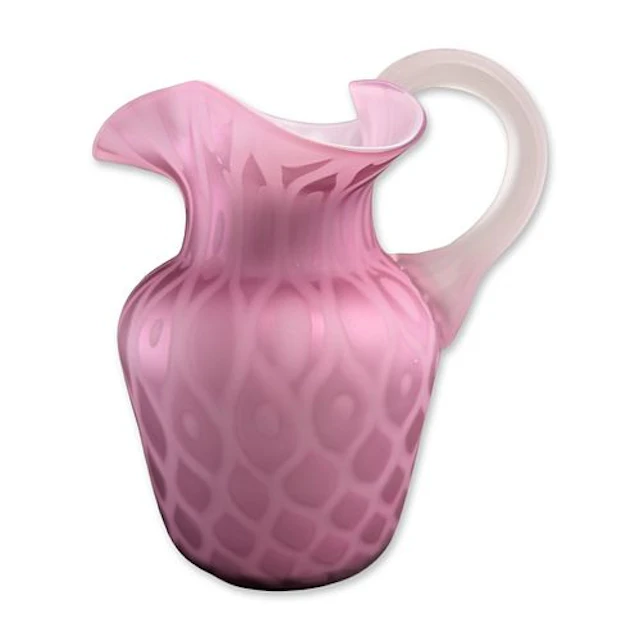 Victorian Pink Satin Mother of Pearl Glass Pitcher w/ Ruffled Trefoil Rim