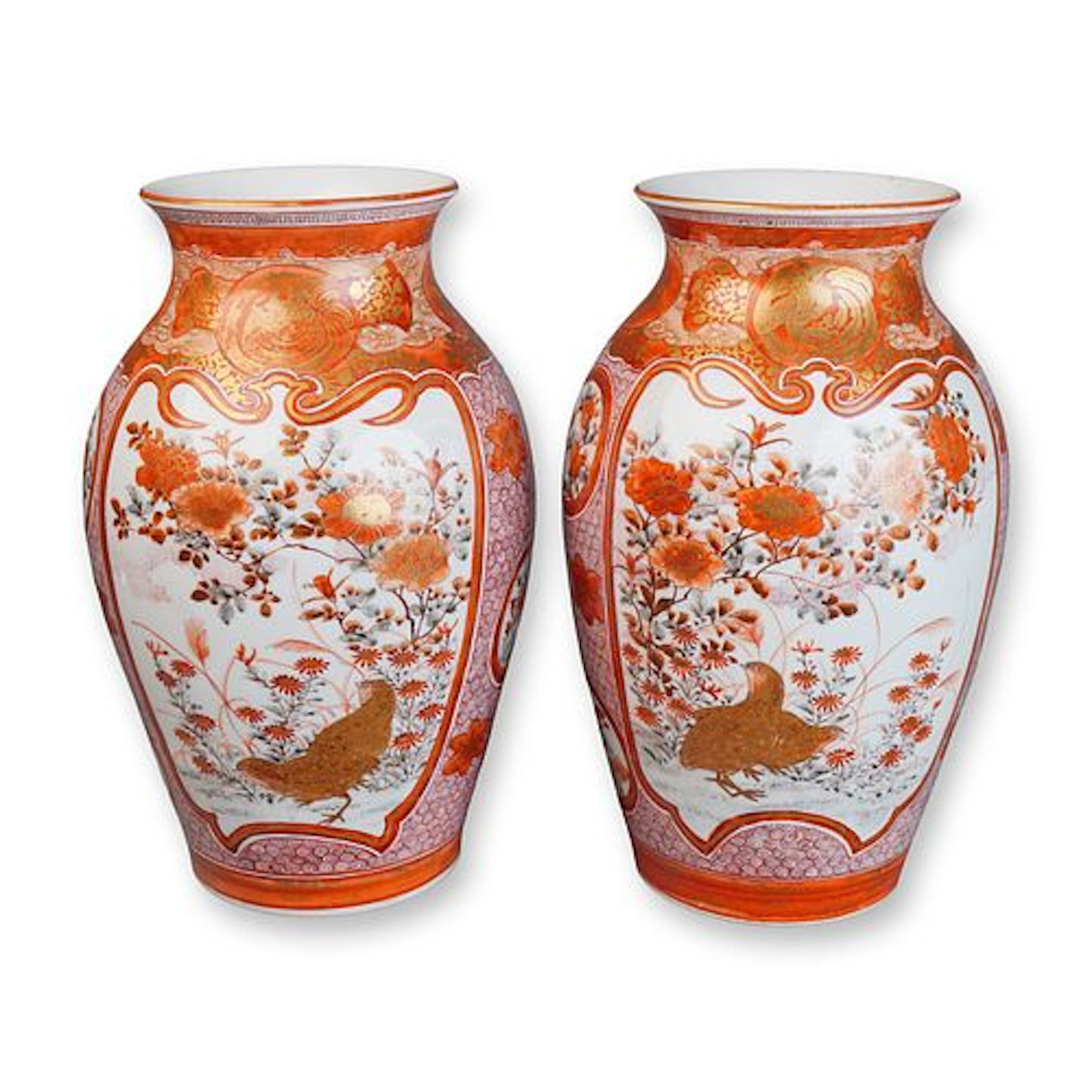 2pc Japanese Kutani Porcelain Vases by Matsubara, Meiji Period Quail
