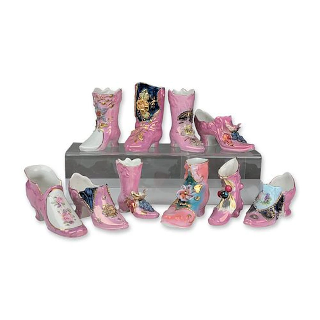 Collection of German Pink Luster Porcelain Souvenir Footwear Figurines