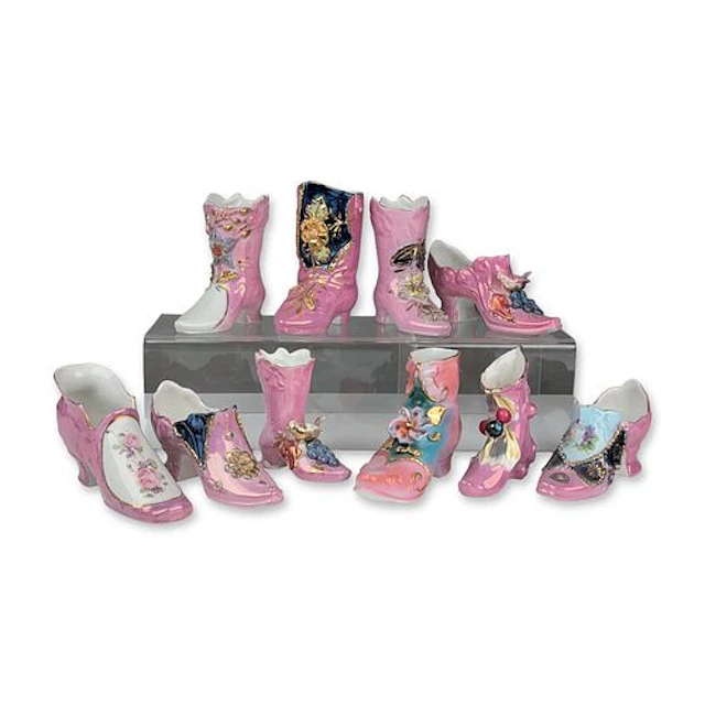 Collection of German Pink Luster Porcelain Souvenir Footwear Figurines