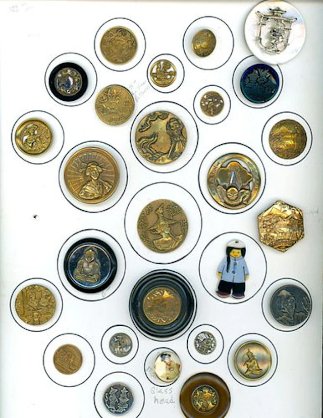 A CARD OF DIVISION ONE AND THREE ASIAN THEME BUTTONS
