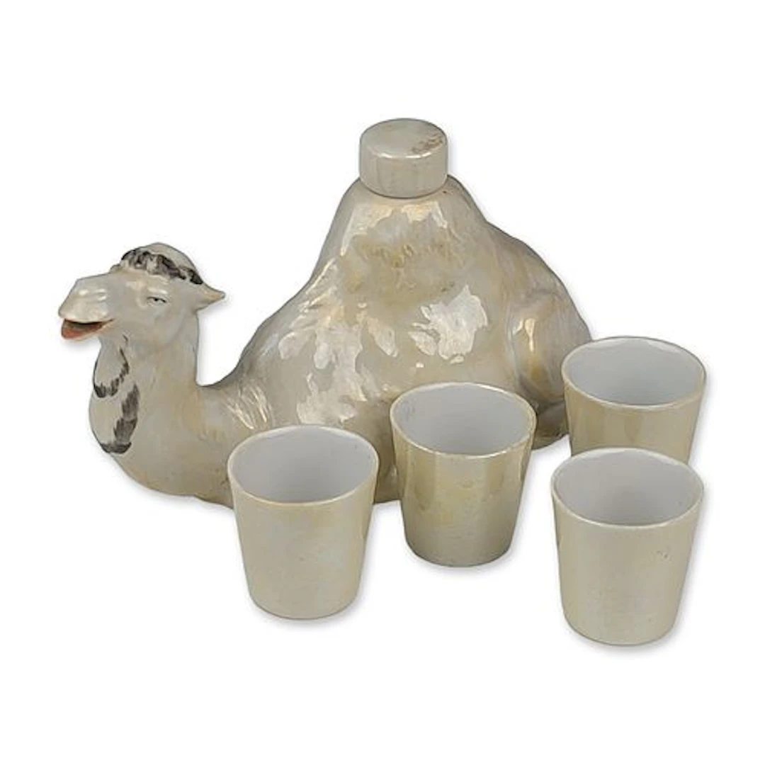 5pc German Lusterware Porcelain Camel Decanter and Shot Glass Set