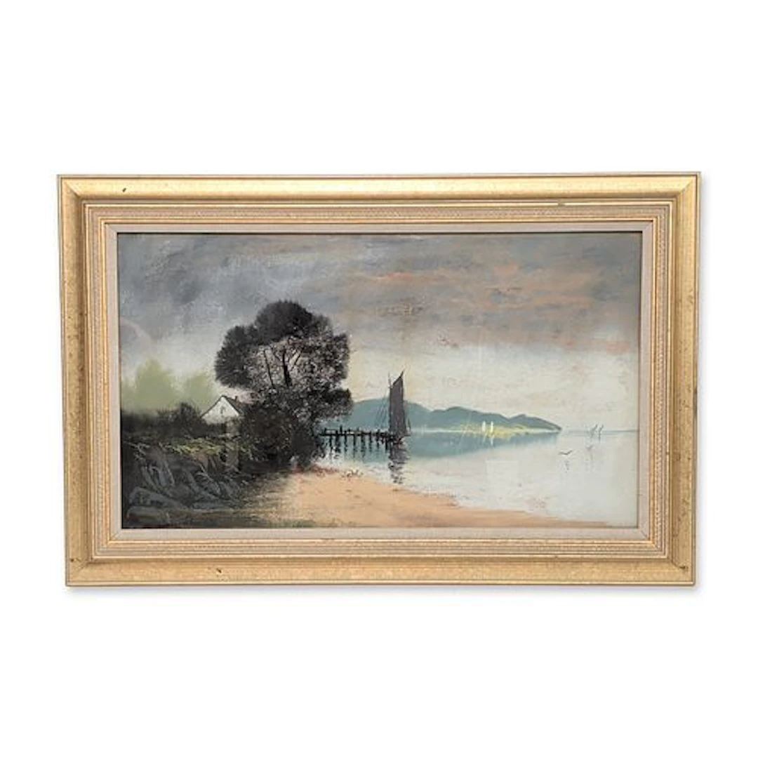 American School (Early 20th Century), 'Coastal Landscape with Sailboat'