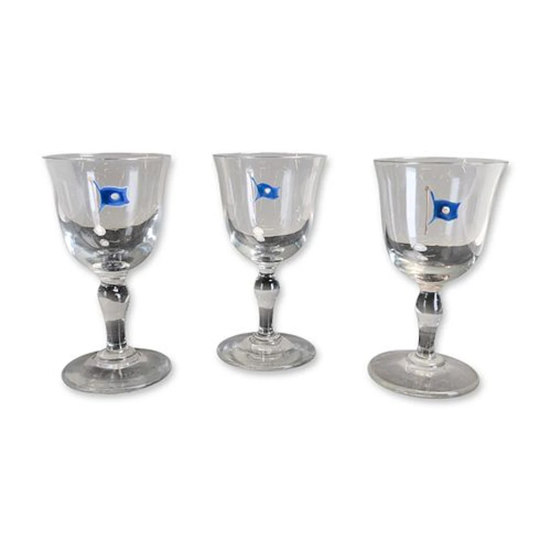 3pc Hand-Painted Yacht Club Burgee Design Stemmed Cordial Glasses