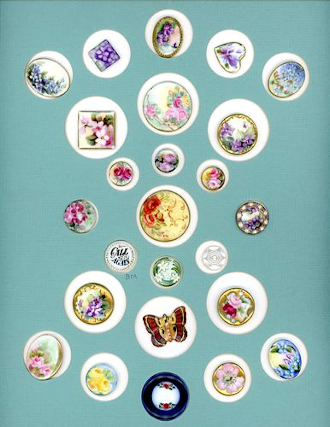 A CARD OF DIVISION ONE HAND PAINTED CERAMIC BUTTONS