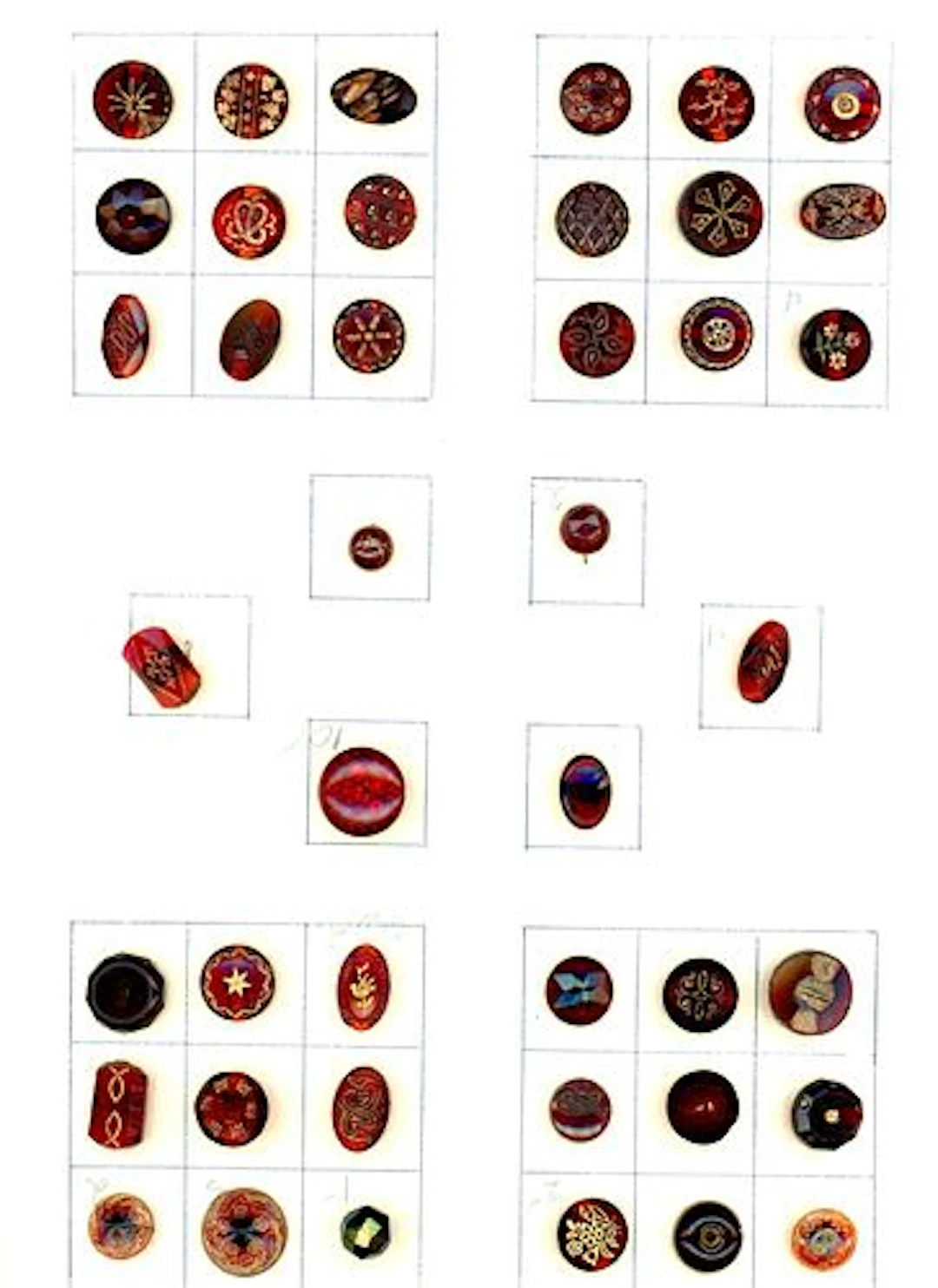 A CARD OF DIVISION ONE CHARMSTRING GLASS BUTTONS