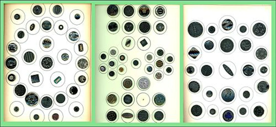 3 CARDS OF DIVISION ONE BLACK GLASS BUTTONS