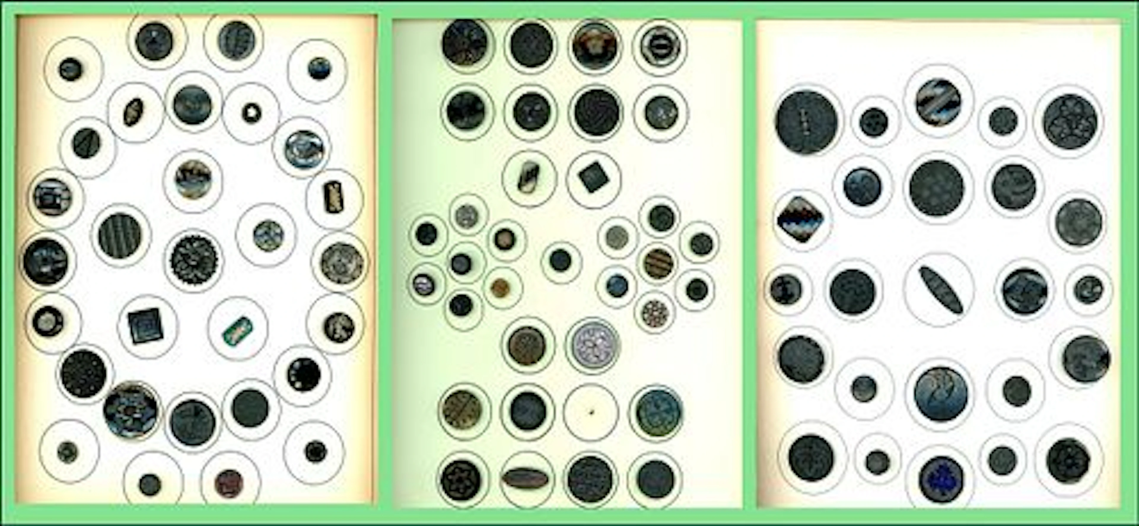 3 CARDS OF DIVISION ONE BLACK GLASS BUTTONS