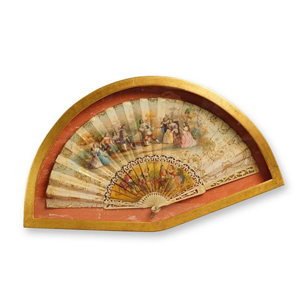European Cabriolet Folding Fan with Rococo Revival Scene and Gilded Accents