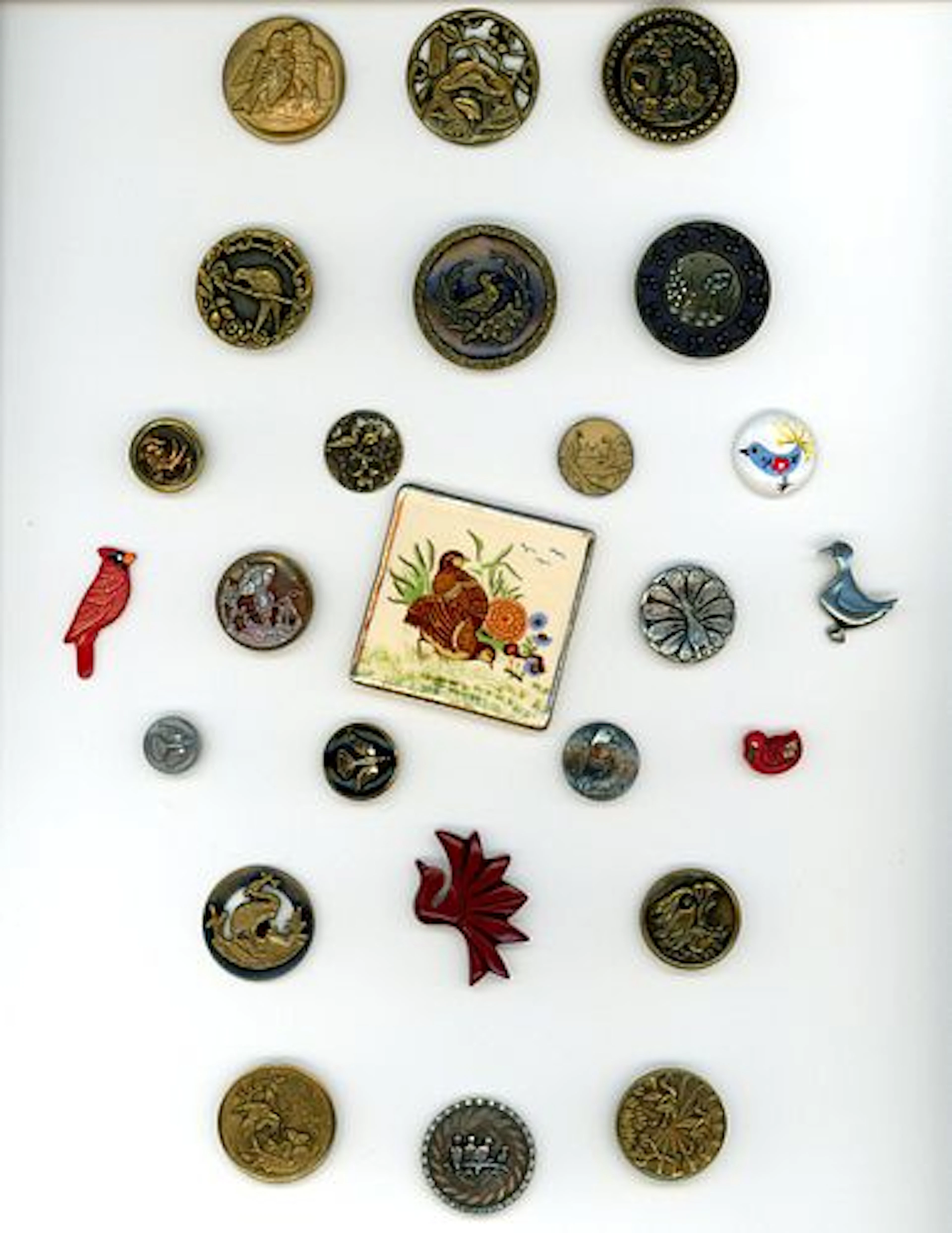 A CARD OF DIVISION ONE AND THREE BIRD BUTTONS
