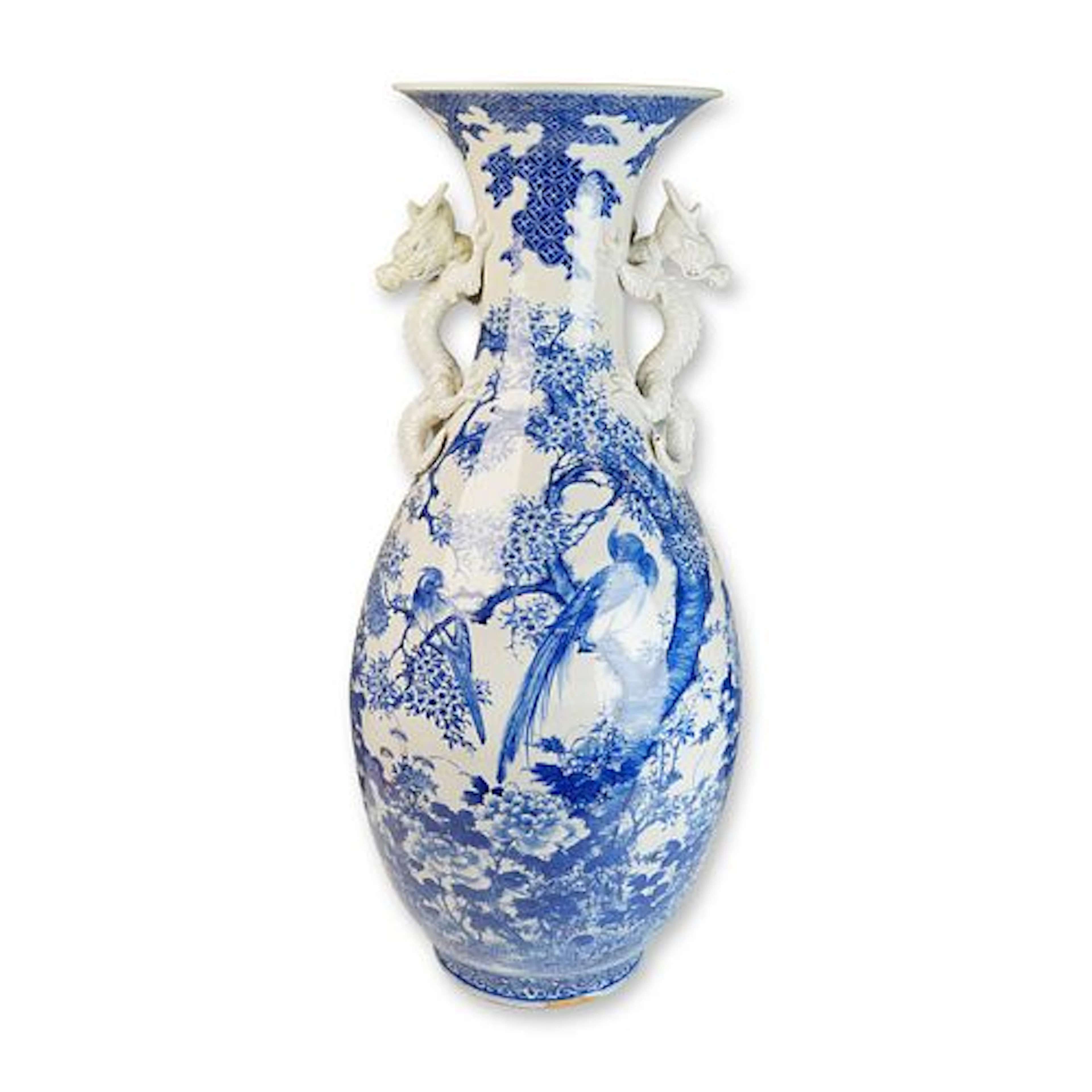 Large Japanese Blue and White Dragon Double Handles Vase