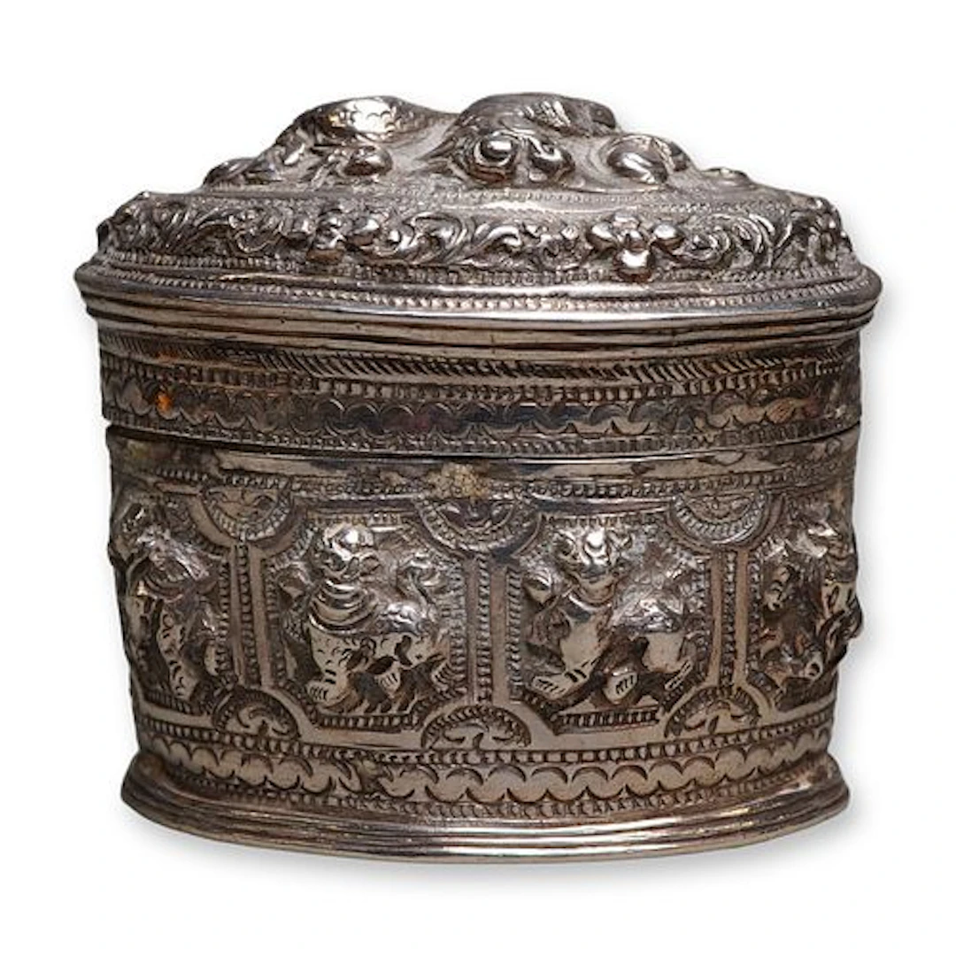 Burmese Sterling Silver Box with High Relief Lions