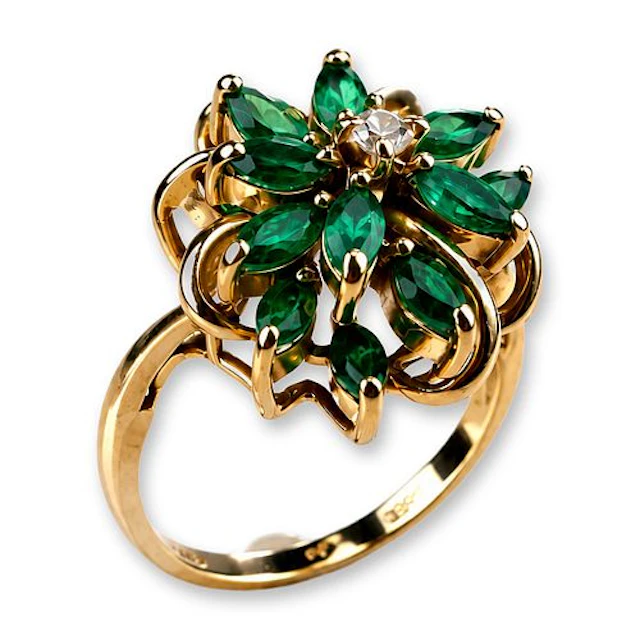 Vintage 14K Yellow Gold Emerald and Diamond Floral Cluster Ring