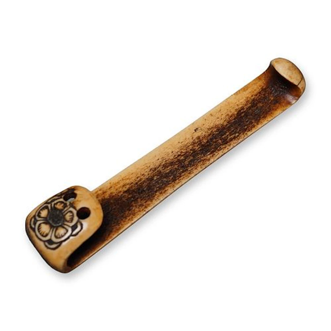Stag Antler Sashi Netsuke of Hook Form with Carved Flower