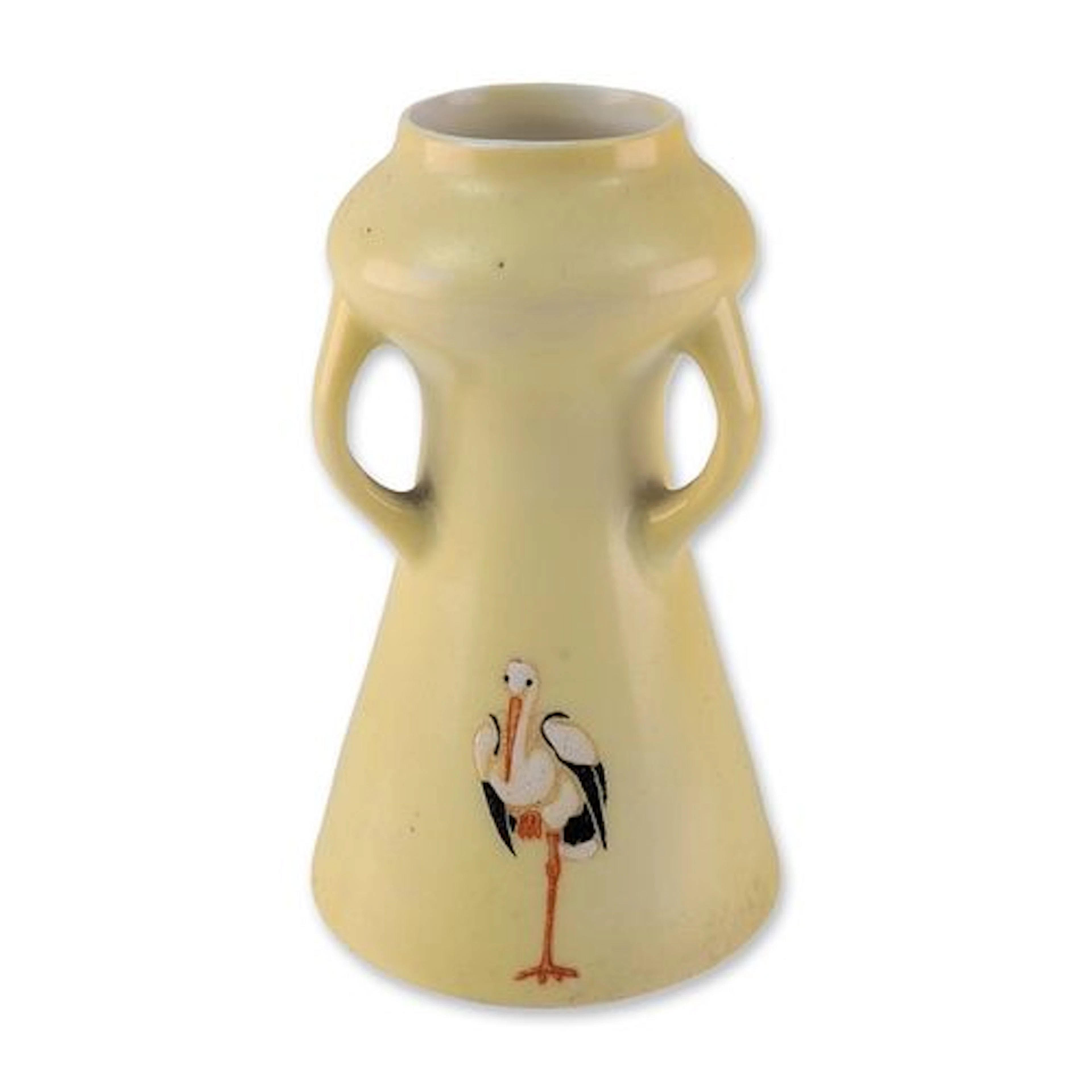 Triple Handed Ceramic Stork Motif Bud Vase