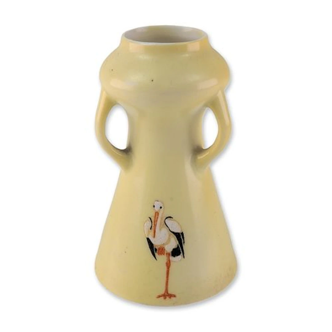 Triple Handed Ceramic Stork Motif Bud Vase