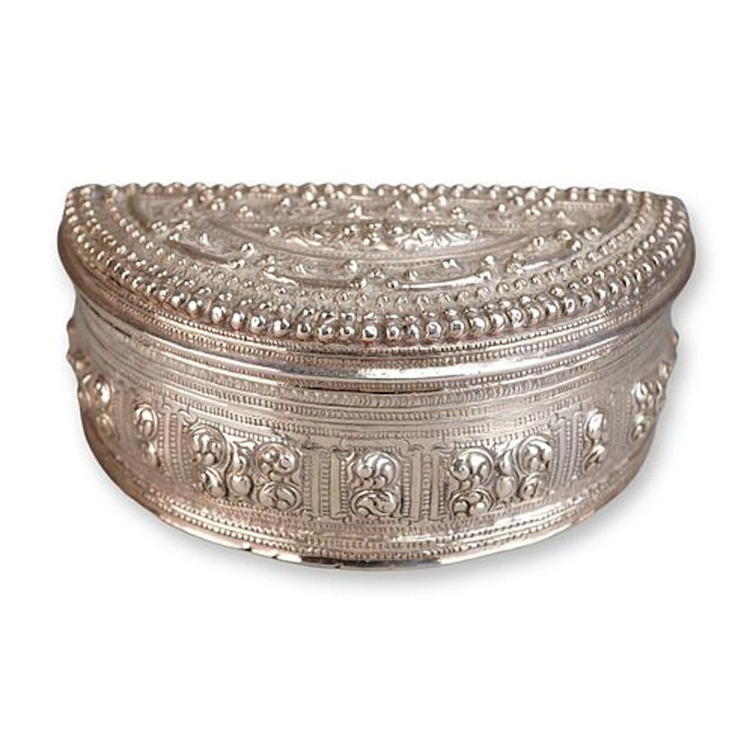 Burmese Sterling Silver Half Moon Shape Box w/ Hinged Lid Floral Design