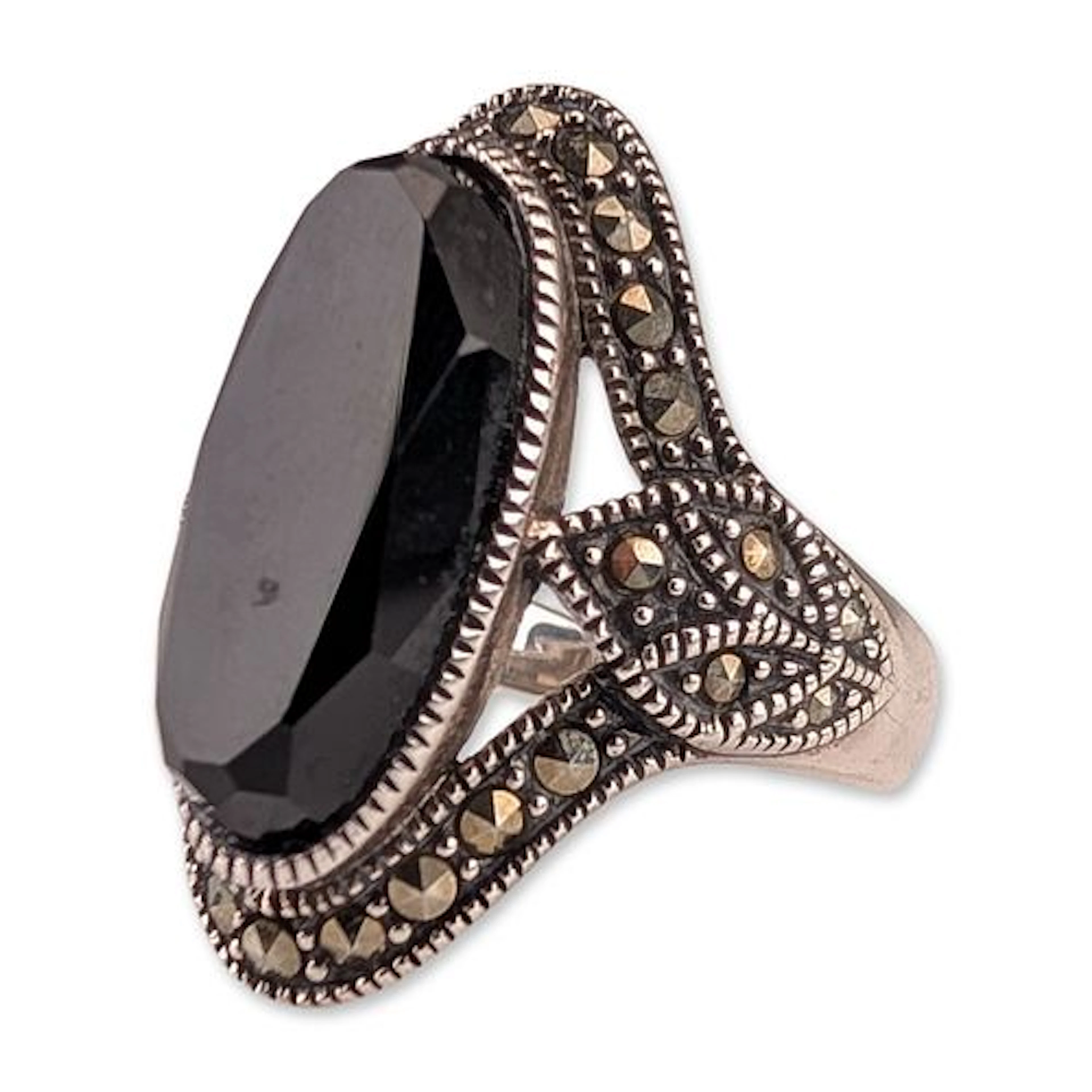 Sterling Silver Black Onyx and Marcasite Ring