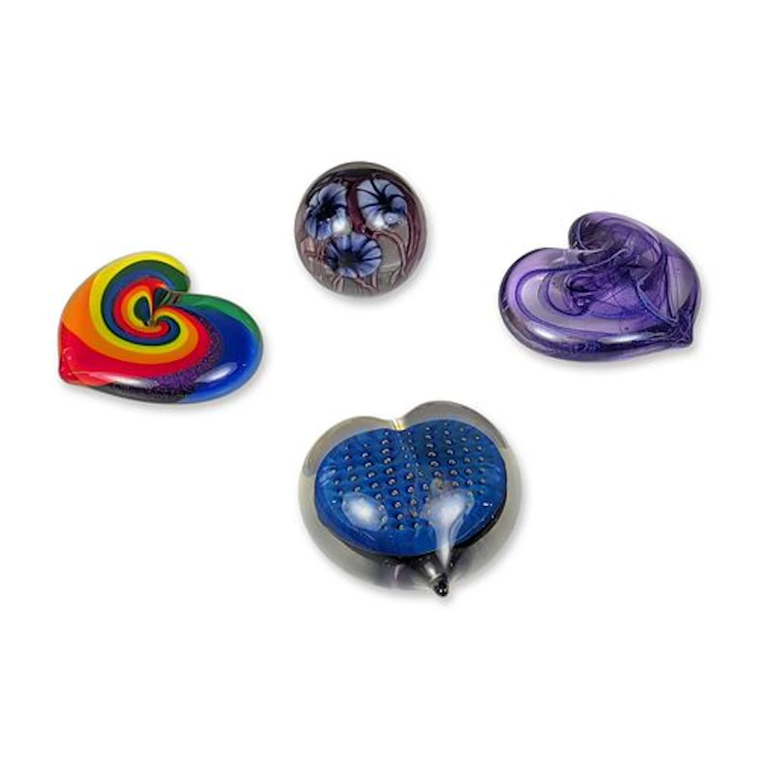 4pc Studio Art Glass Paperweights by Epiphany, Roger Gandelman, and