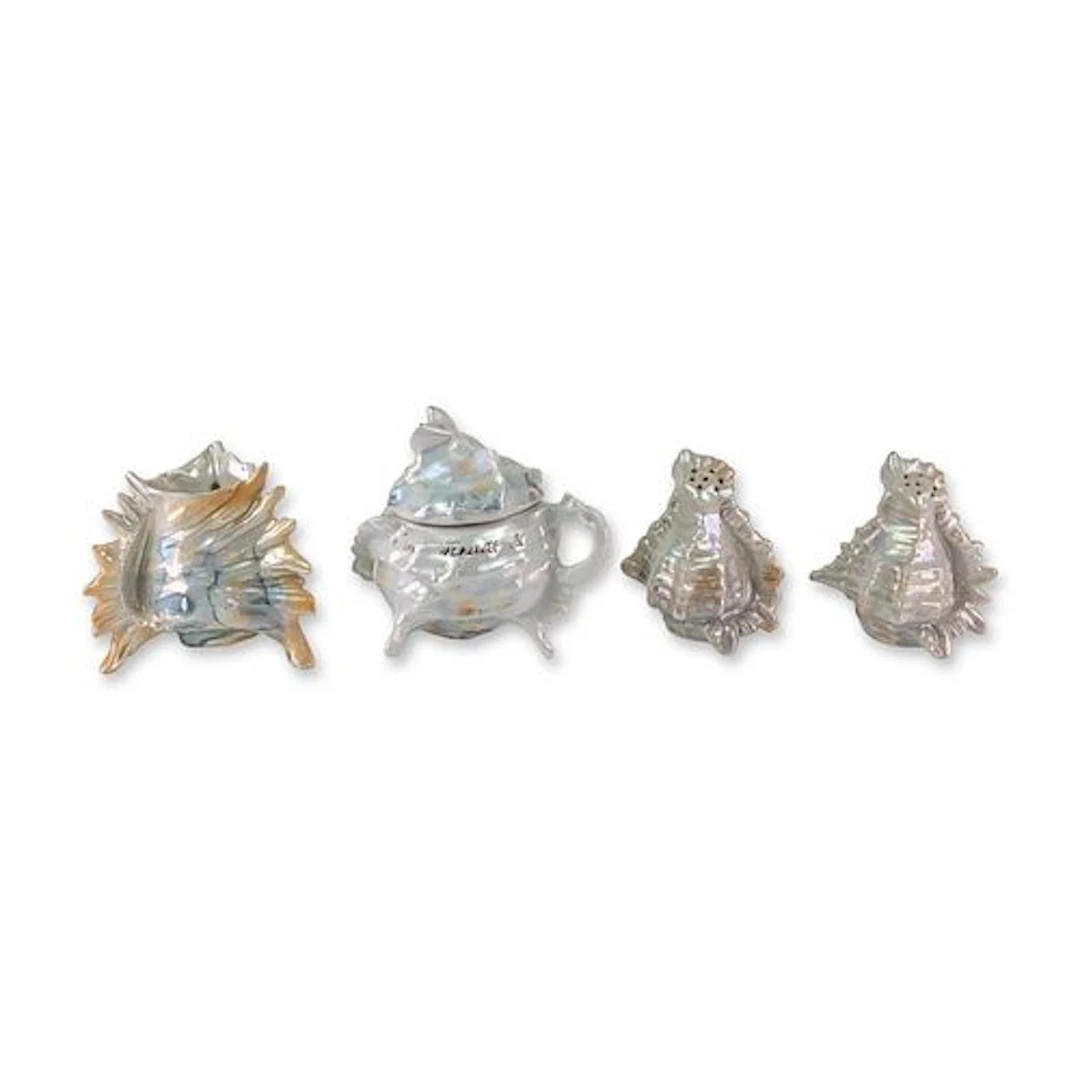 German Iridescent Lusterware Porcelain Shell Condiment Set