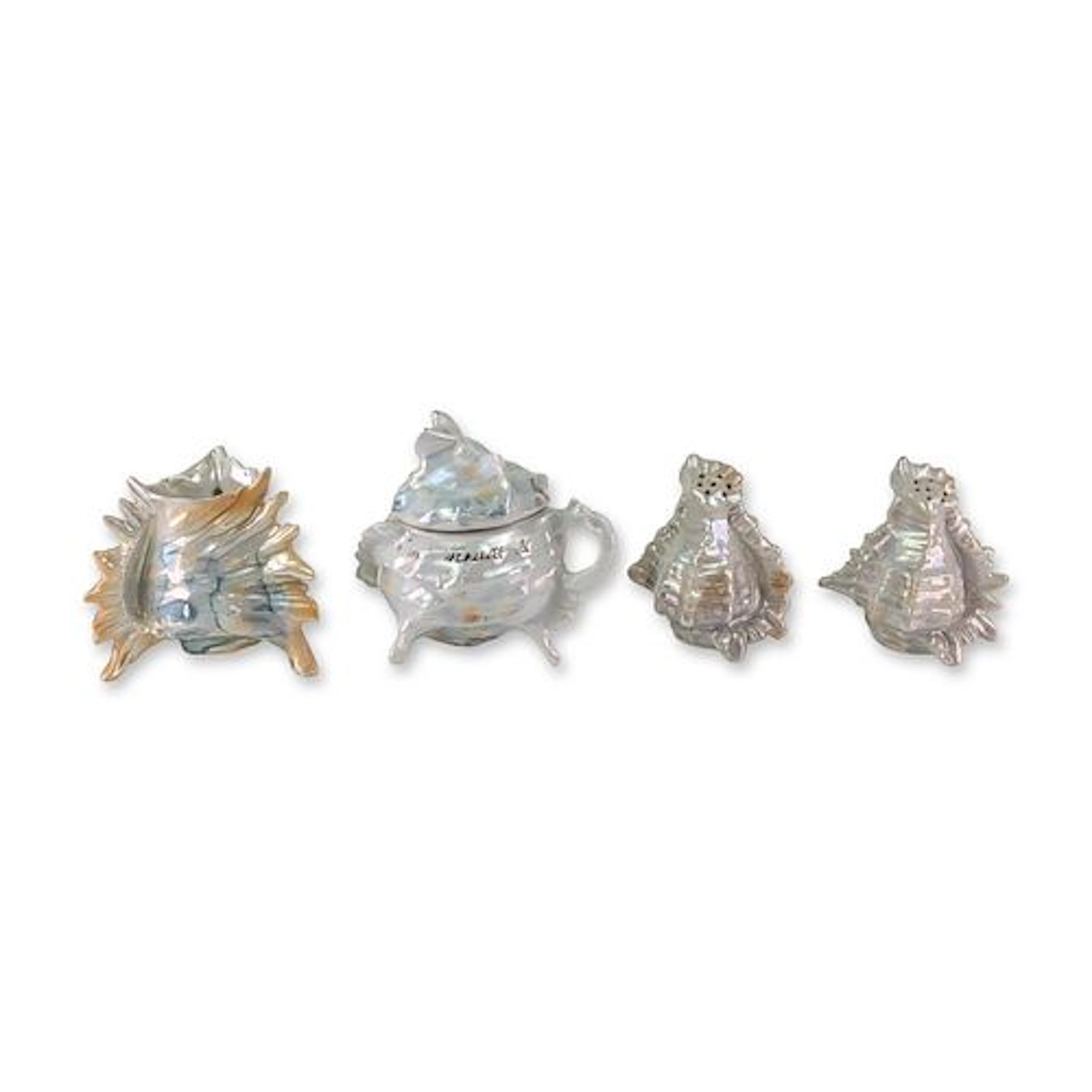 German Iridescent Lusterware Porcelain Shell Condiment Set